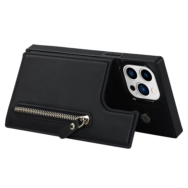 TPU+PU Phone Case for iPhone 15 Pro Anti-Scratch Kickstand Wallet Phone Cover with Shoulder Strap - Black