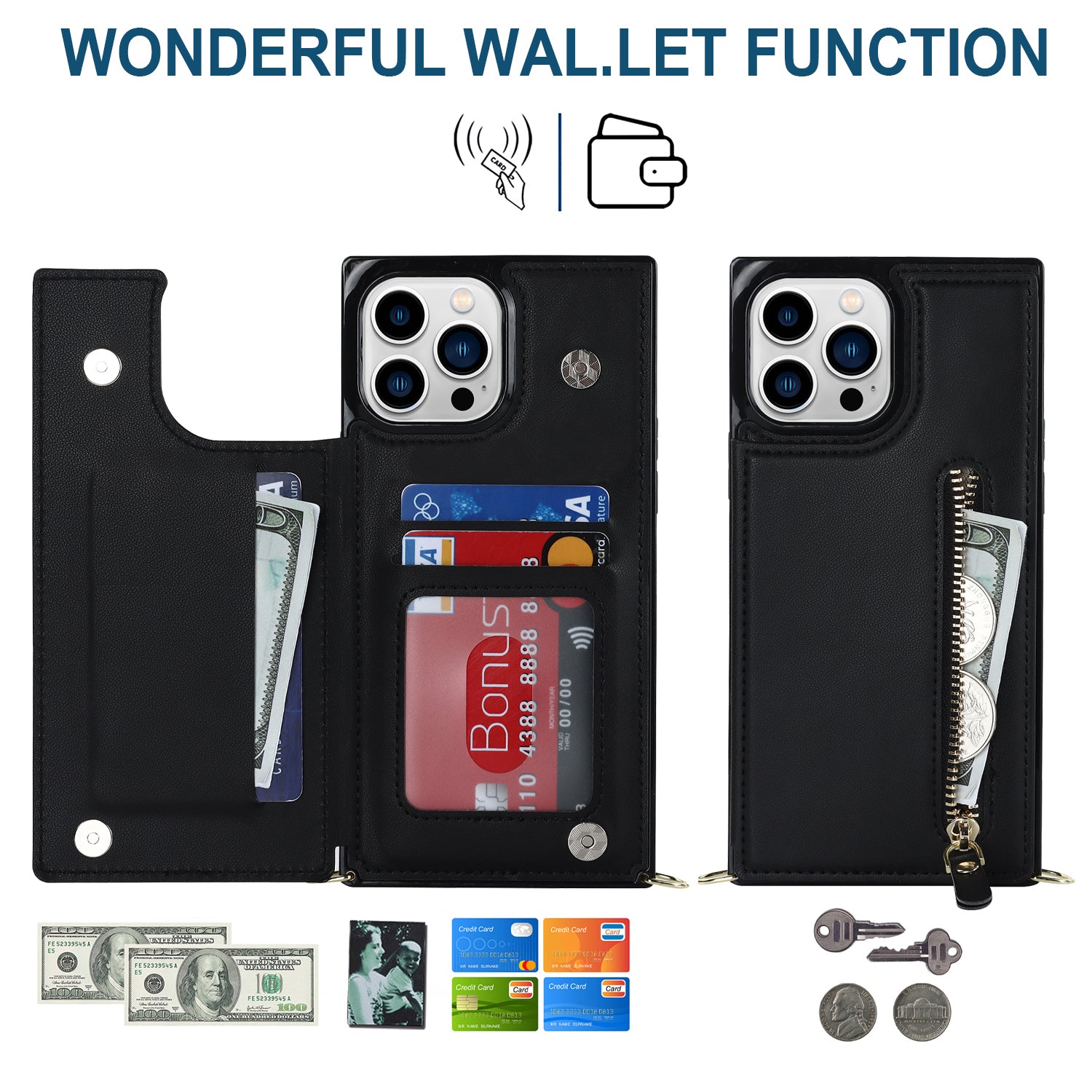 TPU+PU Phone Case for iPhone 15 Pro Anti-Scratch Kickstand Wallet Phone Cover with Shoulder Strap - Black