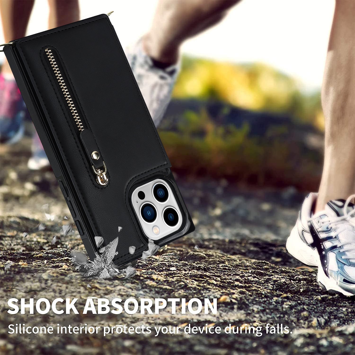 TPU+PU Phone Case for iPhone 15 Pro Anti-Scratch Kickstand Wallet Phone Cover with Shoulder Strap - Black