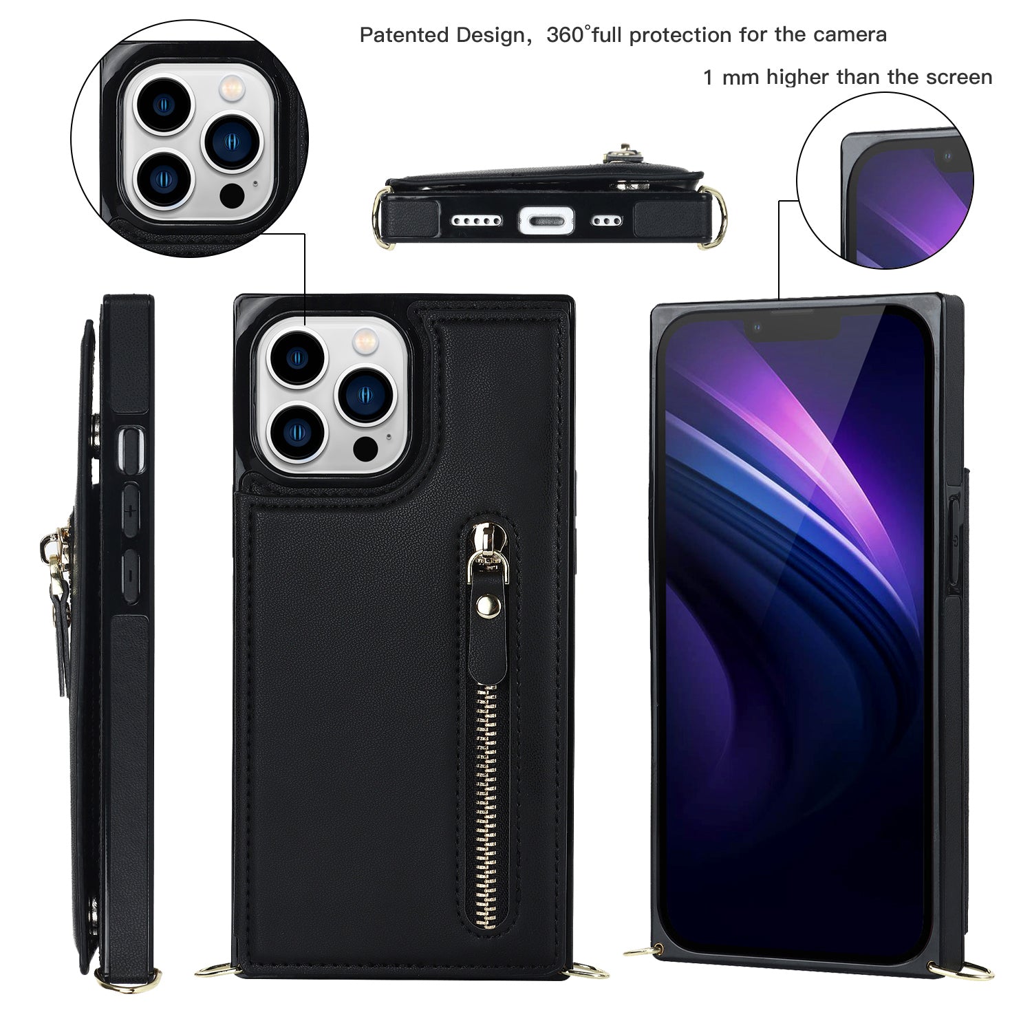 TPU+PU Phone Case for iPhone 15 Pro Anti-Scratch Kickstand Wallet Phone Cover with Shoulder Strap - Black