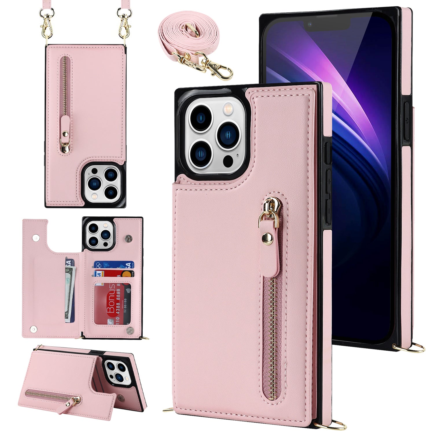 TPU+PU Phone Case for iPhone 15 Pro Anti-Scratch Kickstand Wallet Phone Cover with Shoulder Strap - Pink