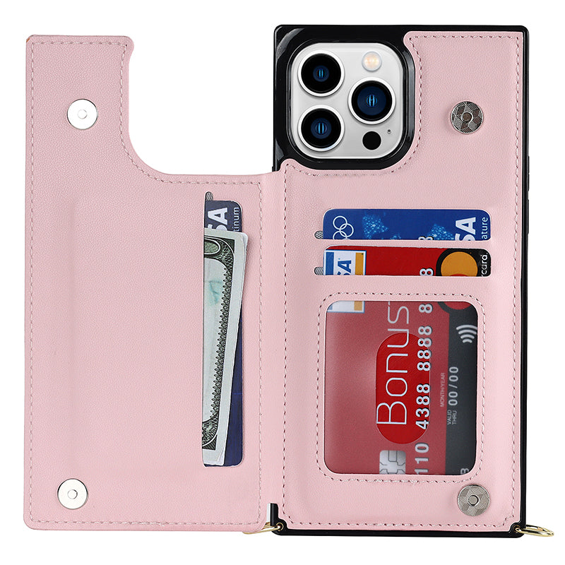 TPU+PU Phone Case for iPhone 15 Pro Anti-Scratch Kickstand Wallet Phone Cover with Shoulder Strap - Pink