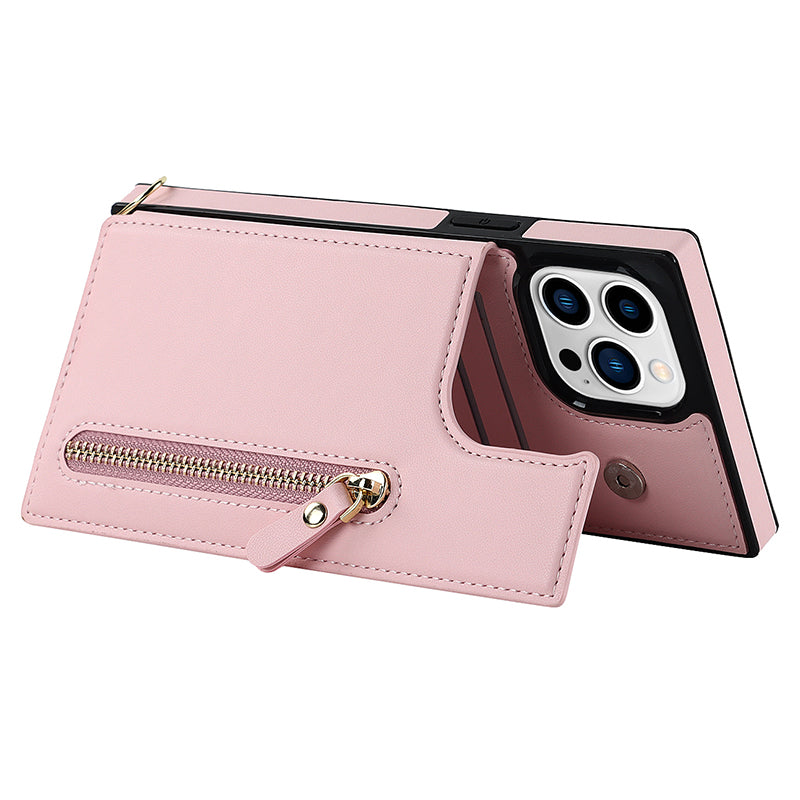 TPU+PU Phone Case for iPhone 15 Pro Anti-Scratch Kickstand Wallet Phone Cover with Shoulder Strap - Pink