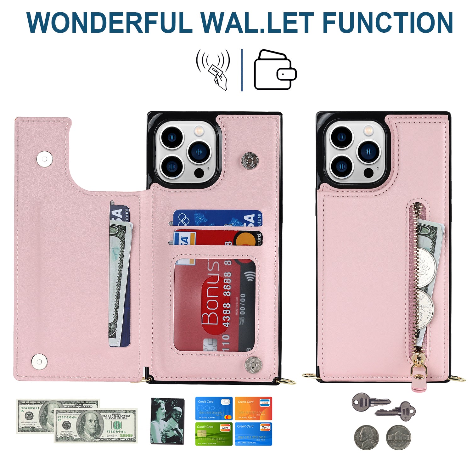 TPU+PU Phone Case for iPhone 15 Pro Anti-Scratch Kickstand Wallet Phone Cover with Shoulder Strap - Pink