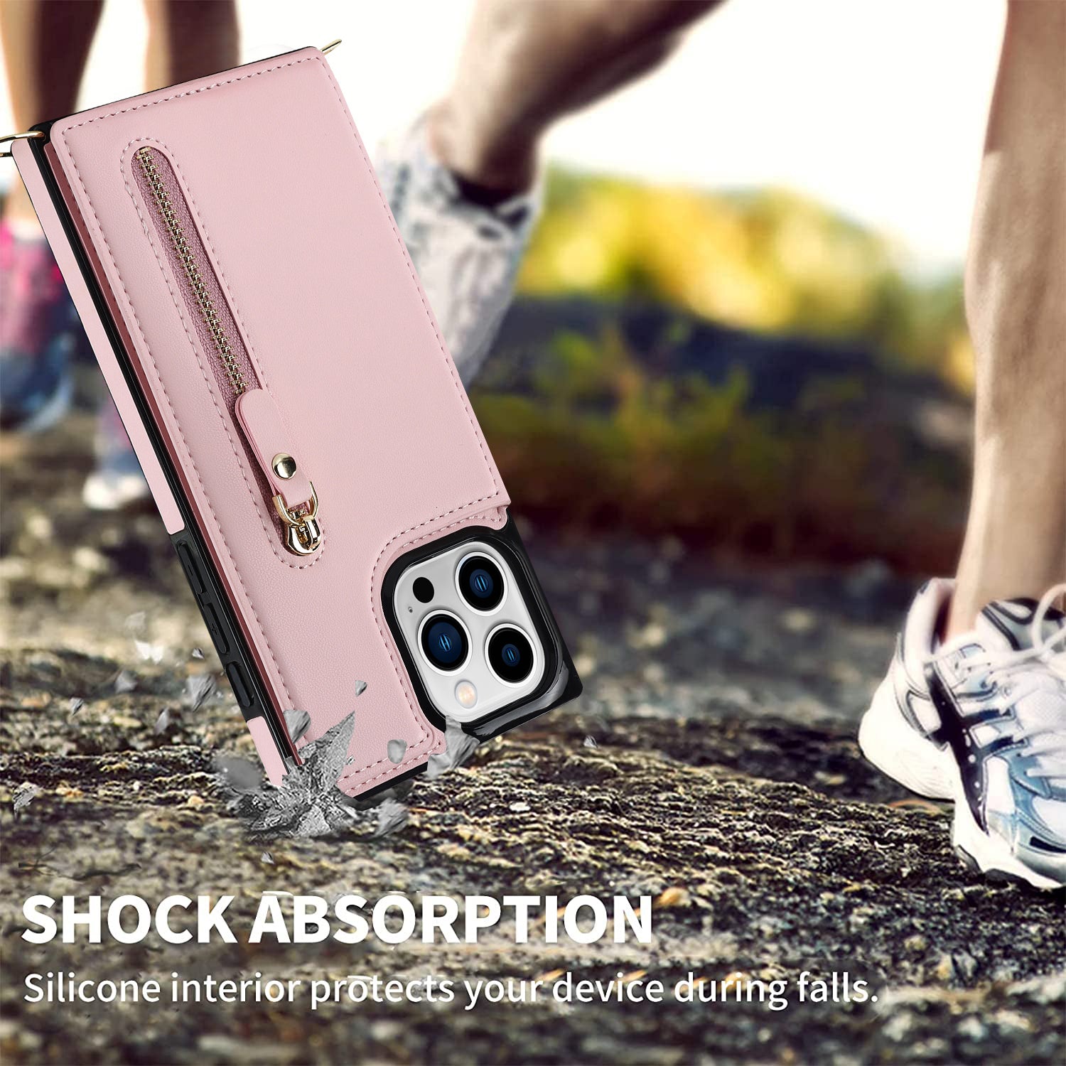 TPU+PU Phone Case for iPhone 15 Pro Anti-Scratch Kickstand Wallet Phone Cover with Shoulder Strap - Pink