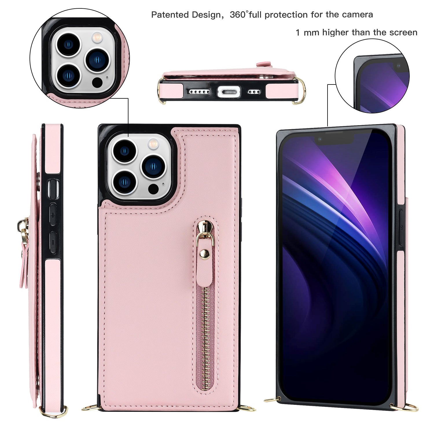 TPU+PU Phone Case for iPhone 15 Pro Anti-Scratch Kickstand Wallet Phone Cover with Shoulder Strap - Pink