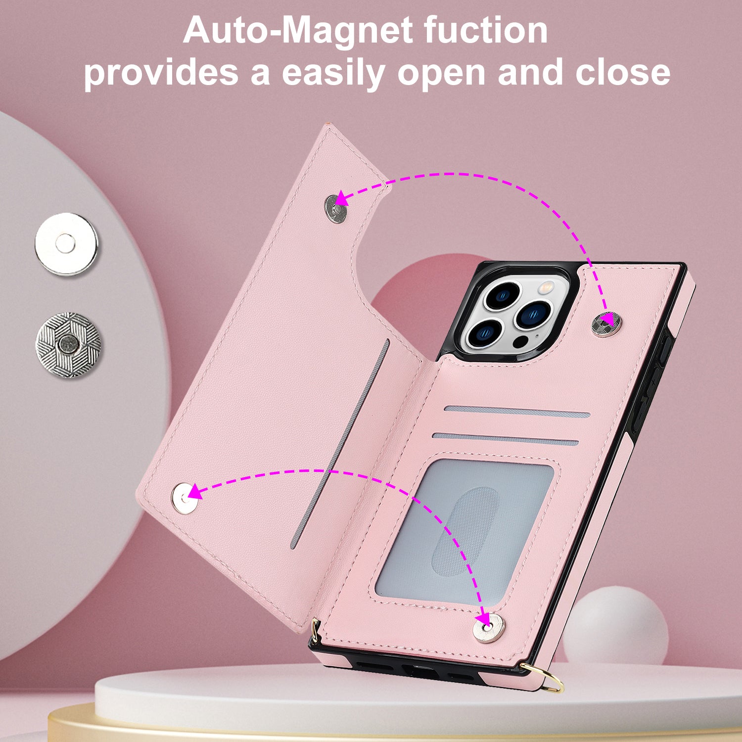 TPU+PU Phone Case for iPhone 15 Pro Anti-Scratch Kickstand Wallet Phone Cover with Shoulder Strap - Pink