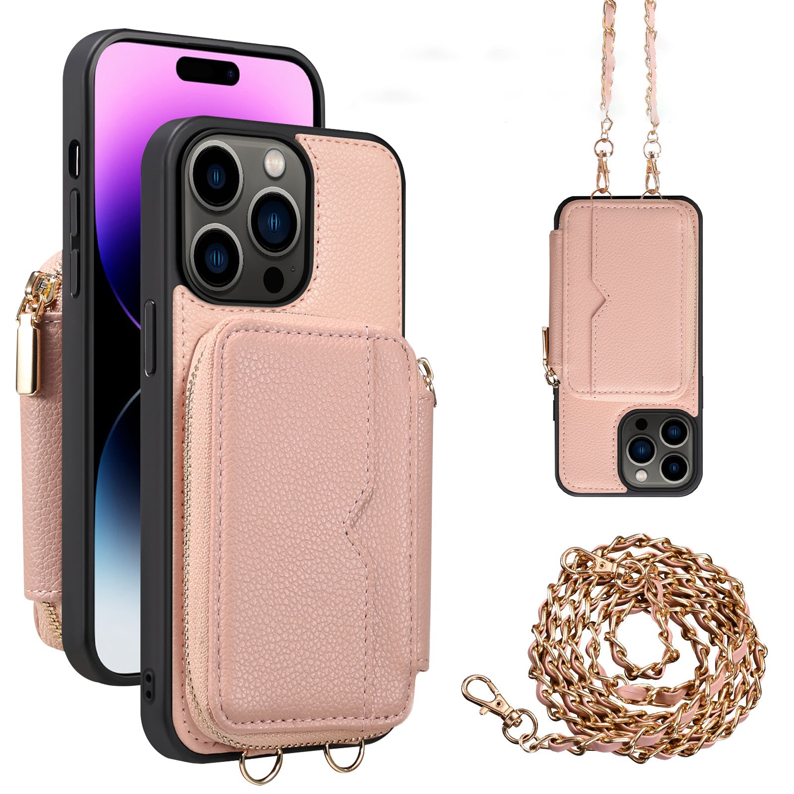 Uniqkart for iPhone 15 Protective Cover Kickstand Zipper Wallet PU Leather+TPU Phone Case with Chain Strap - Rose Gold