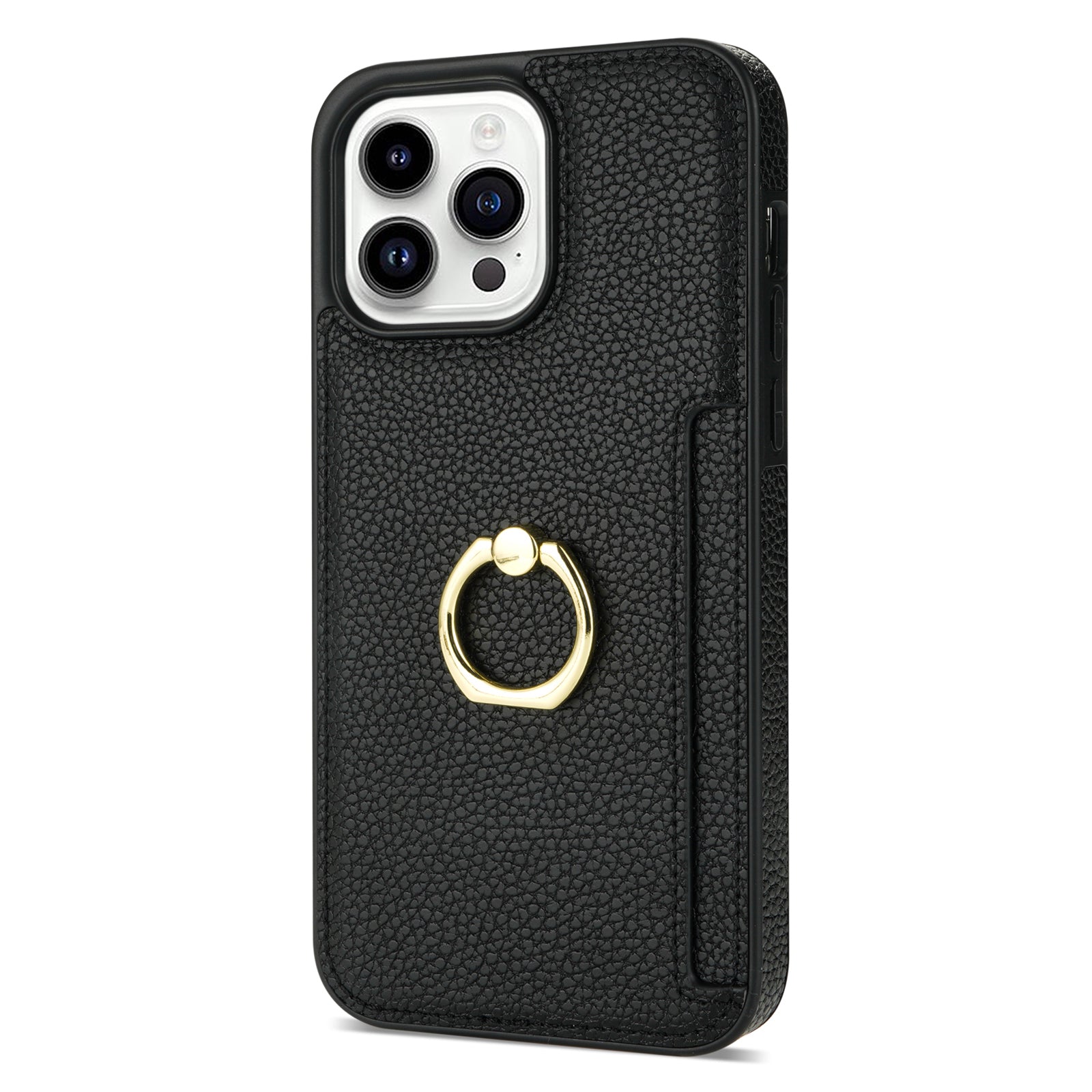 TPU+PU Leather Phone Case Card Holder for iPhone 15 Pro Shockproof Phone Cover with Ring Kickstand - Black