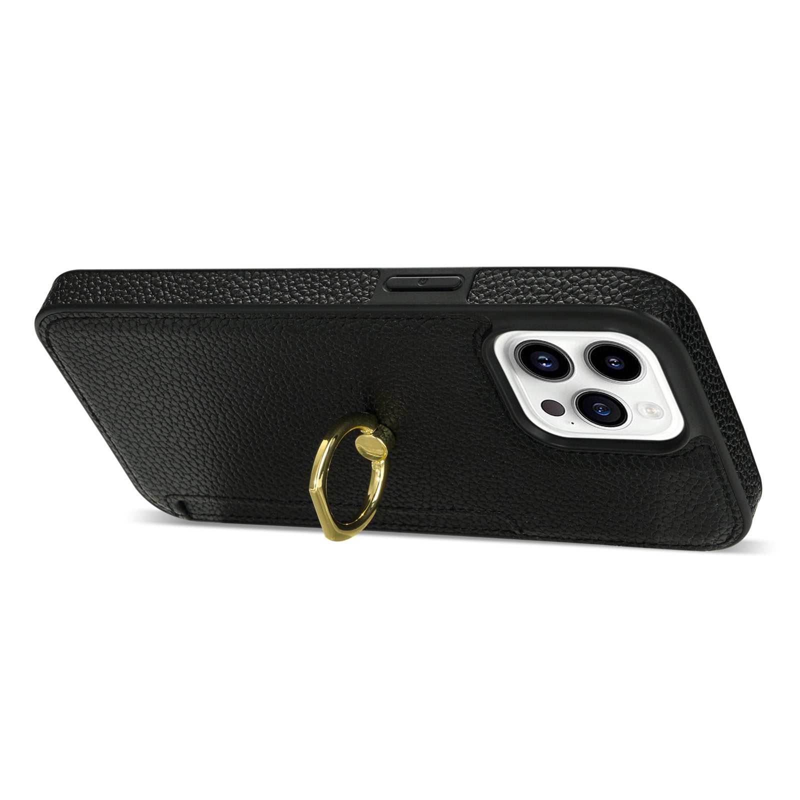 TPU+PU Leather Phone Case Card Holder for iPhone 15 Pro Shockproof Phone Cover with Ring Kickstand - Black