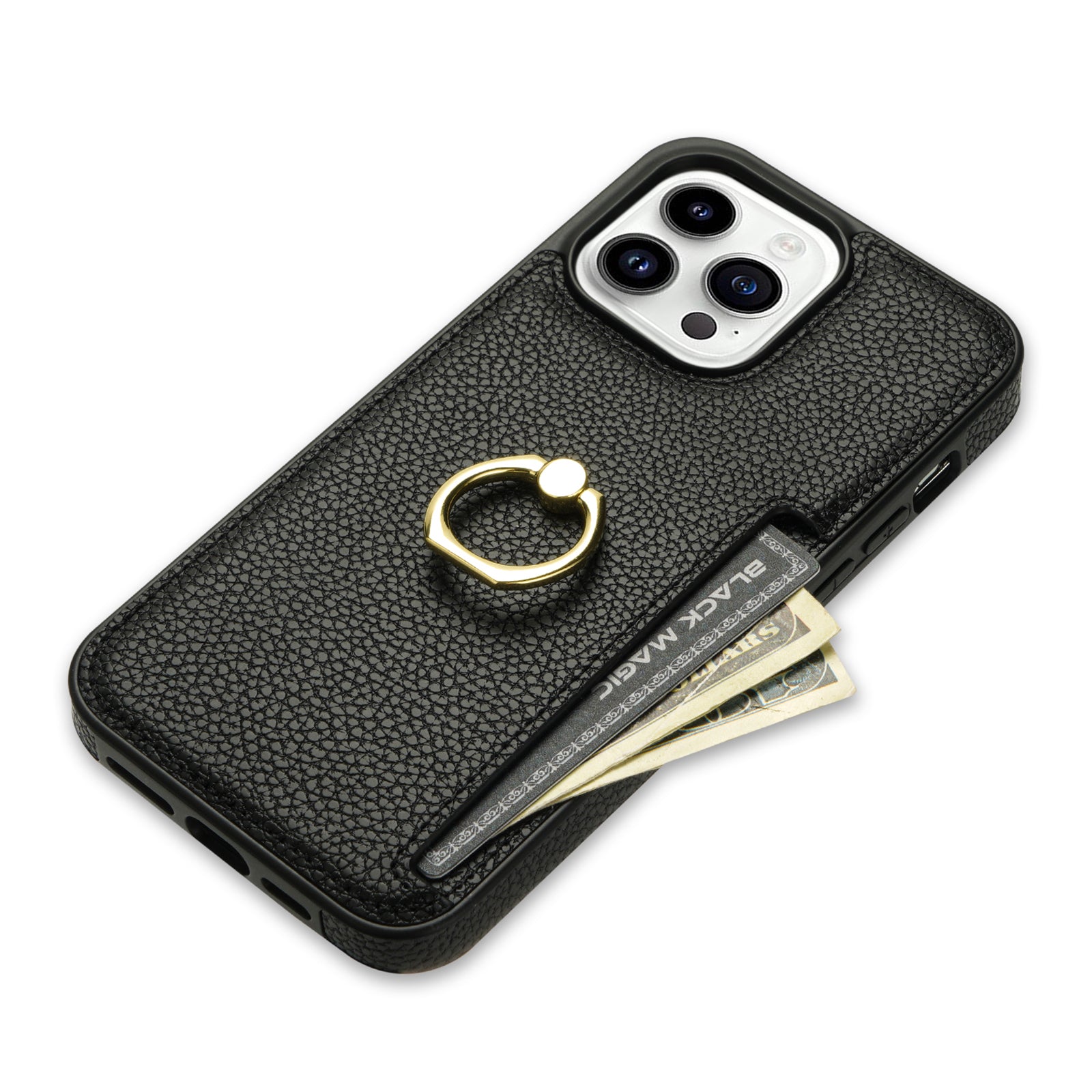 TPU+PU Leather Phone Case Card Holder for iPhone 15 Pro Shockproof Phone Cover with Ring Kickstand - Black