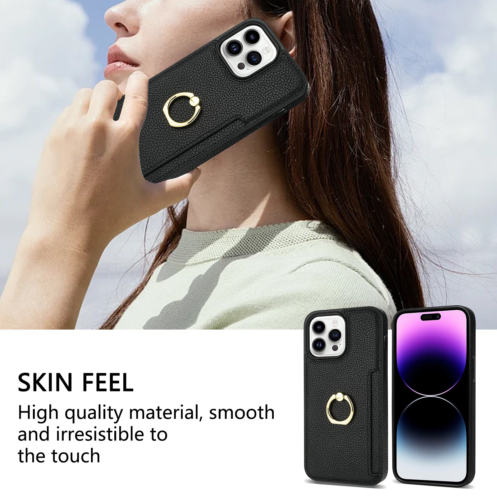 TPU+PU Leather Phone Case Card Holder for iPhone 15 Pro Shockproof Phone Cover with Ring Kickstand - Black
