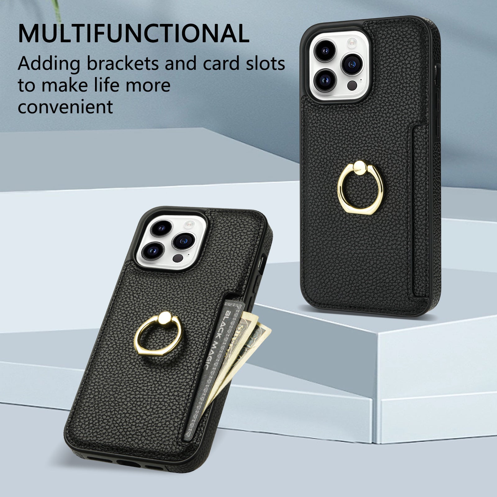 TPU+PU Leather Phone Case Card Holder for iPhone 15 Pro Shockproof Phone Cover with Ring Kickstand - Black