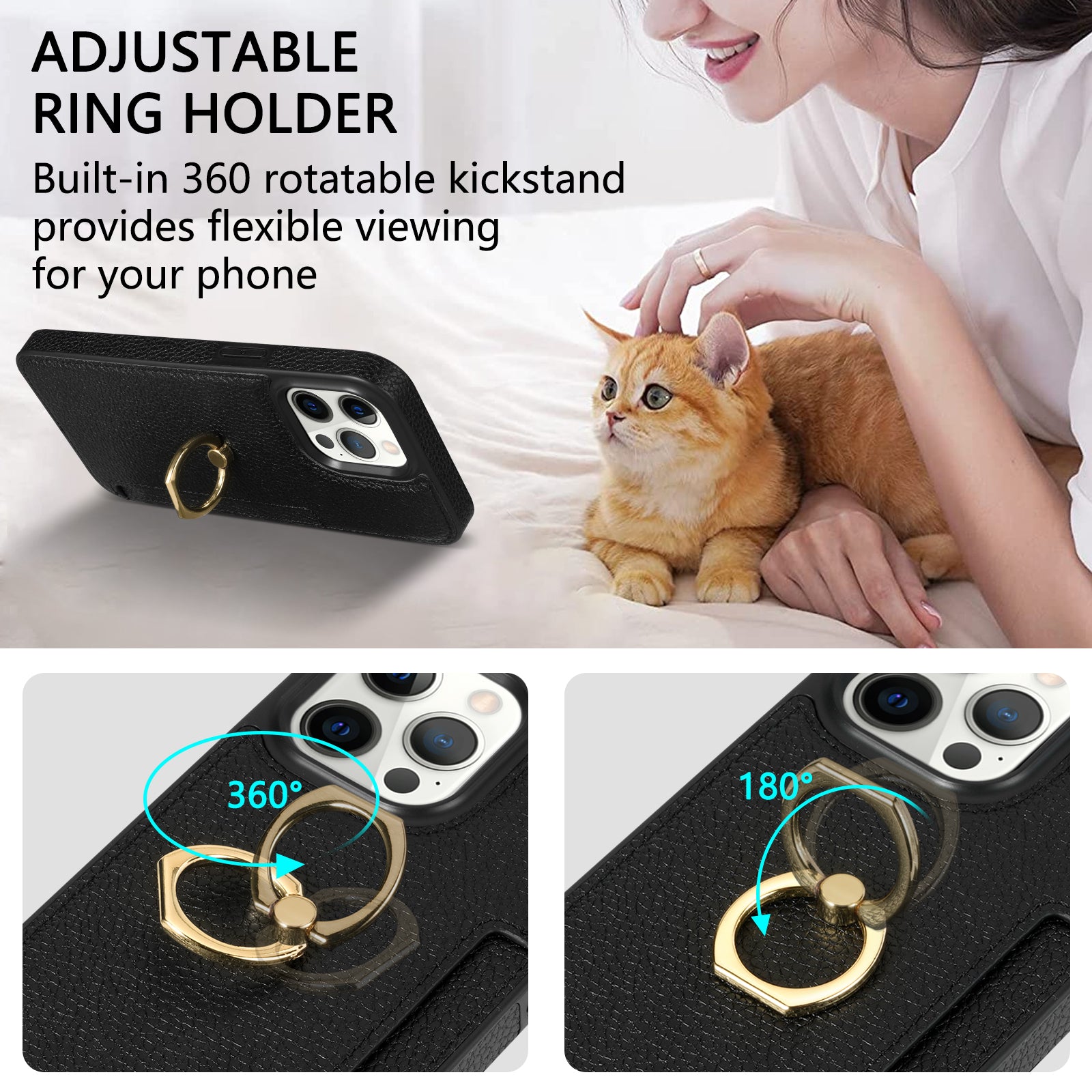 TPU+PU Leather Phone Case Card Holder for iPhone 15 Pro Shockproof Phone Cover with Ring Kickstand - Black