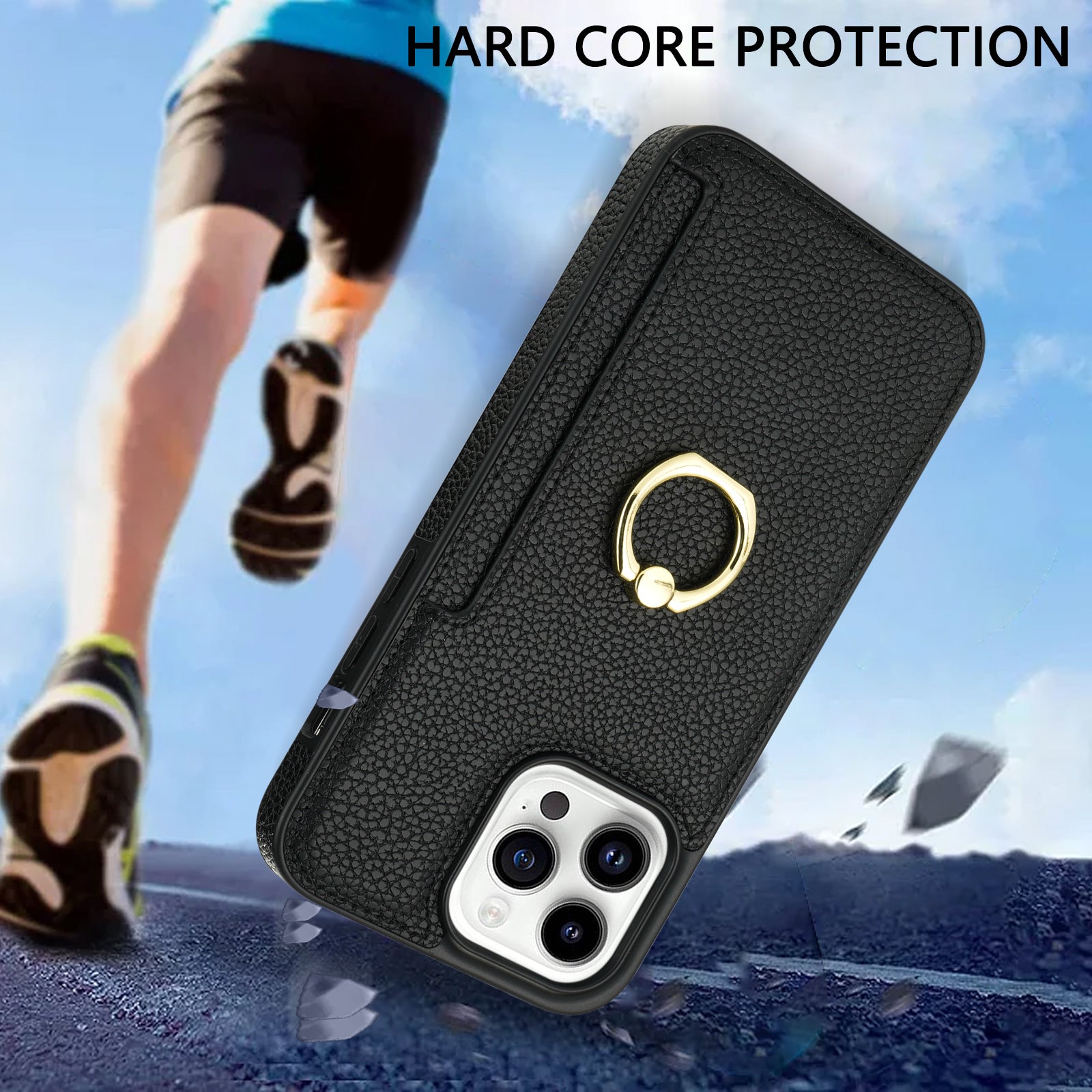 TPU+PU Leather Phone Case Card Holder for iPhone 15 Pro Shockproof Phone Cover with Ring Kickstand - Black