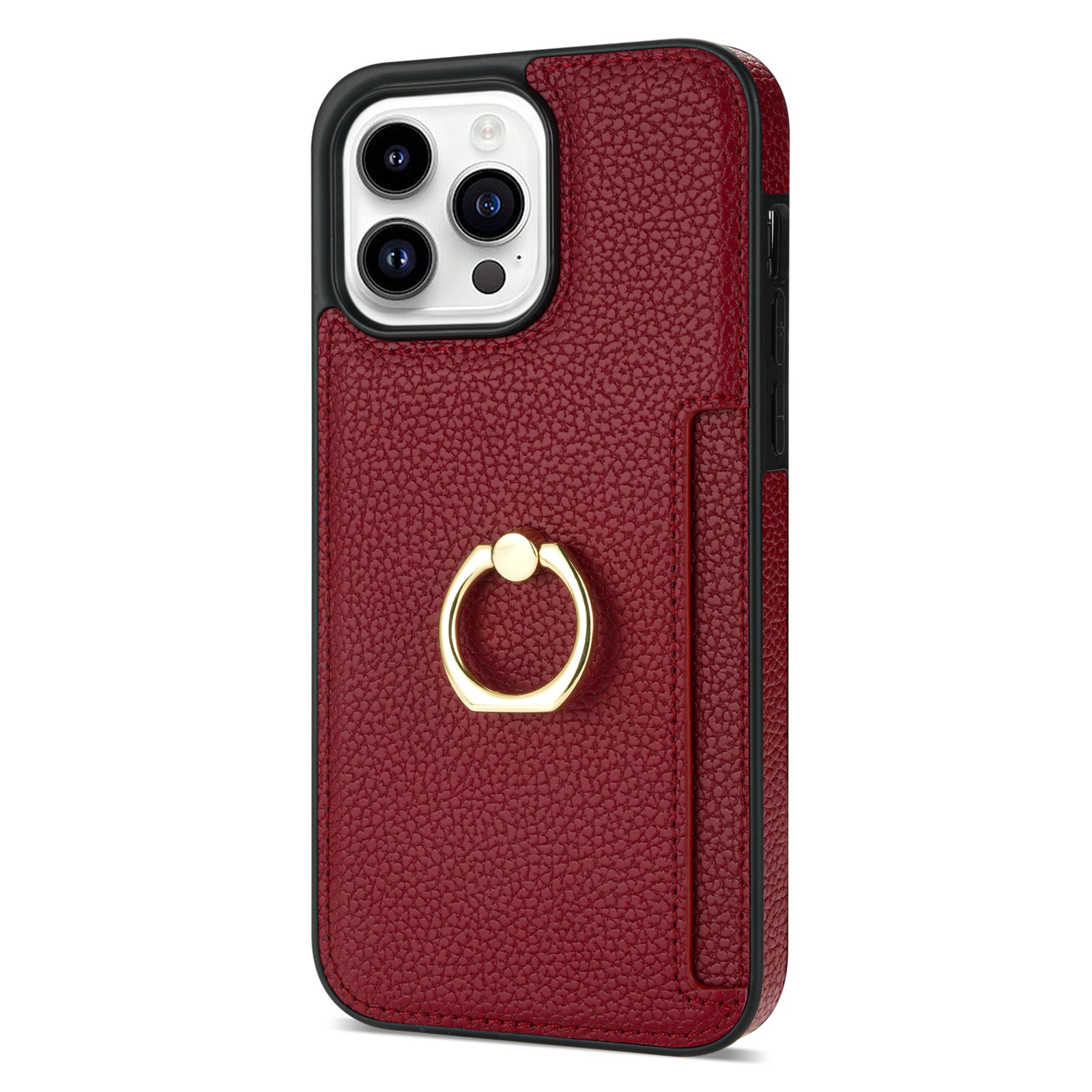 TPU+PU Leather Phone Case Card Holder for iPhone 15 Pro Shockproof Phone Cover with Ring Kickstand - Red