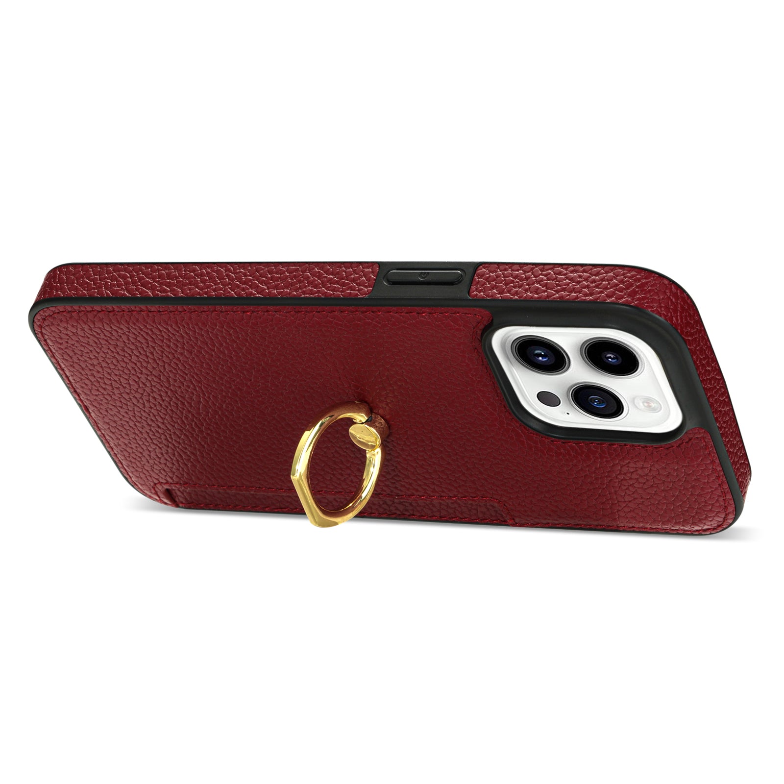 TPU+PU Leather Phone Case Card Holder for iPhone 15 Pro Shockproof Phone Cover with Ring Kickstand - Red