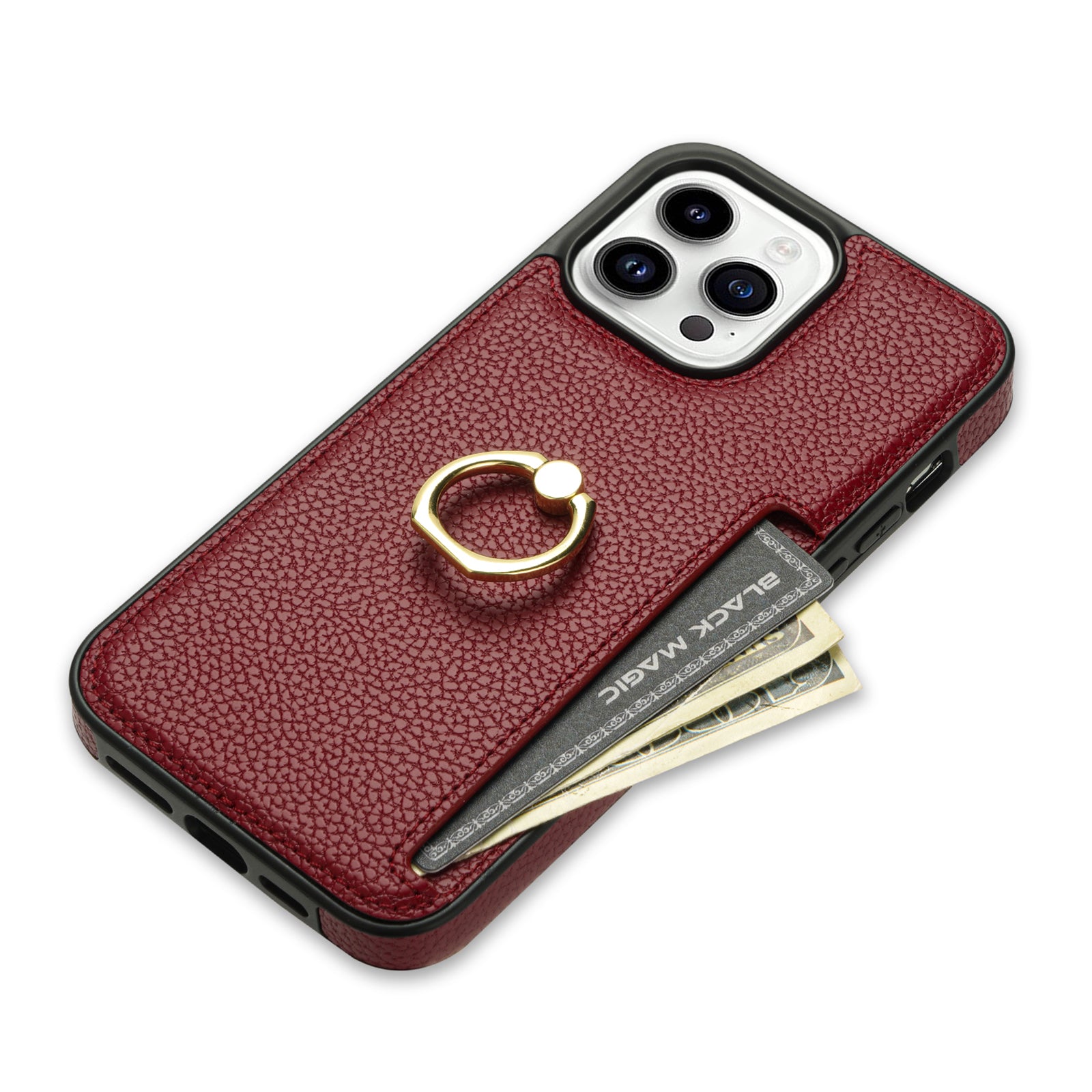 TPU+PU Leather Phone Case Card Holder for iPhone 15 Pro Shockproof Phone Cover with Ring Kickstand - Red