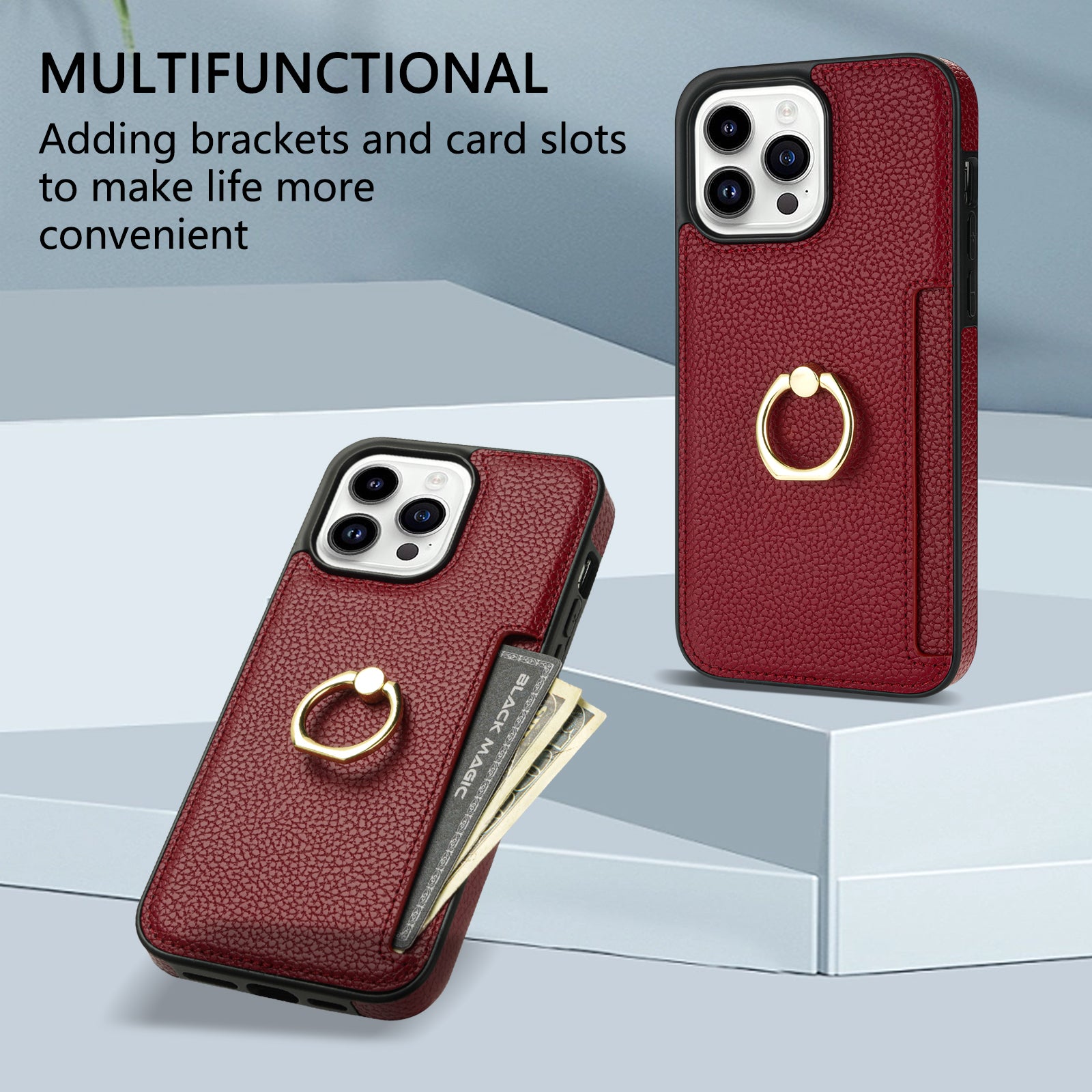 TPU+PU Leather Phone Case Card Holder for iPhone 15 Pro Shockproof Phone Cover with Ring Kickstand - Red