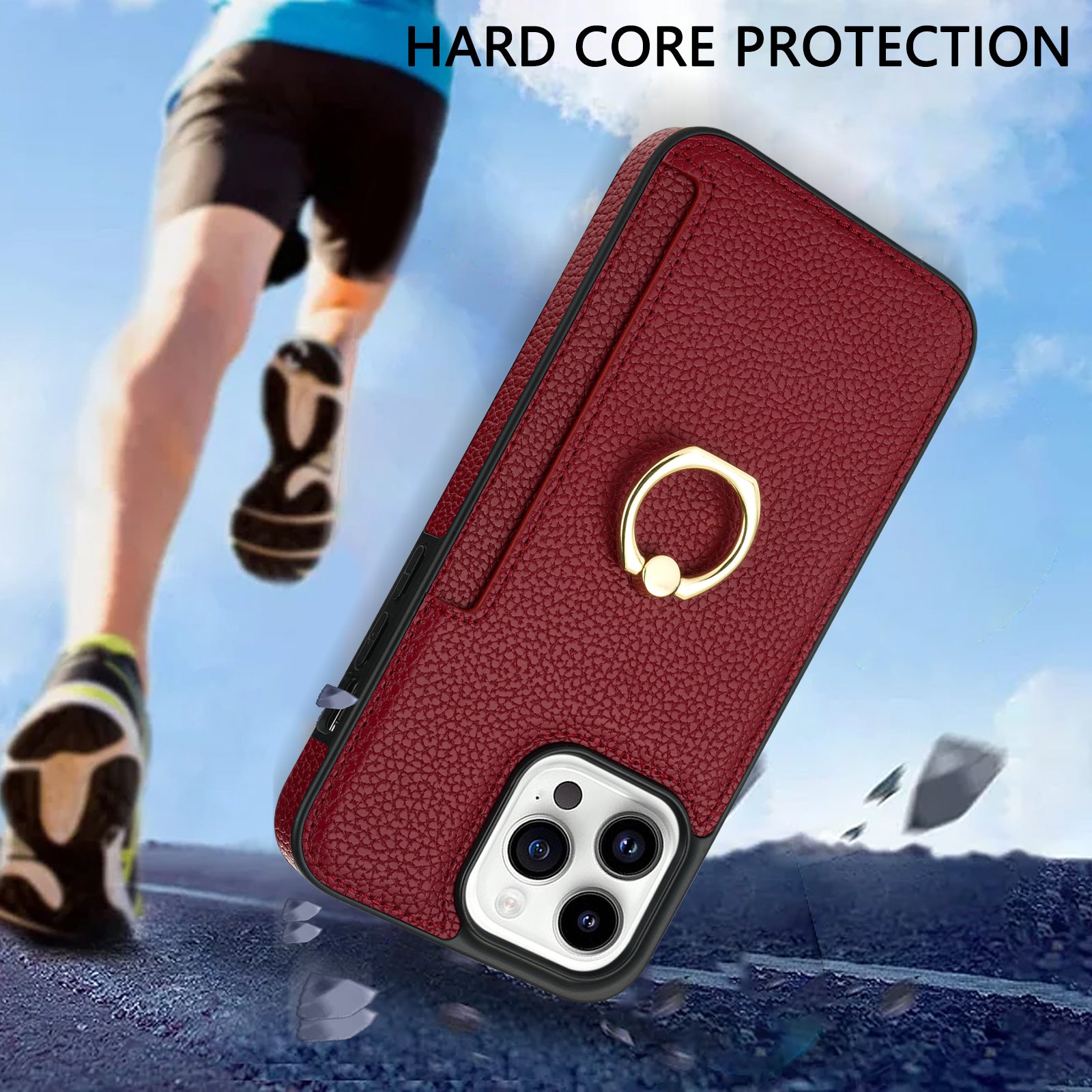 TPU+PU Leather Phone Case Card Holder for iPhone 15 Pro Shockproof Phone Cover with Ring Kickstand - Red