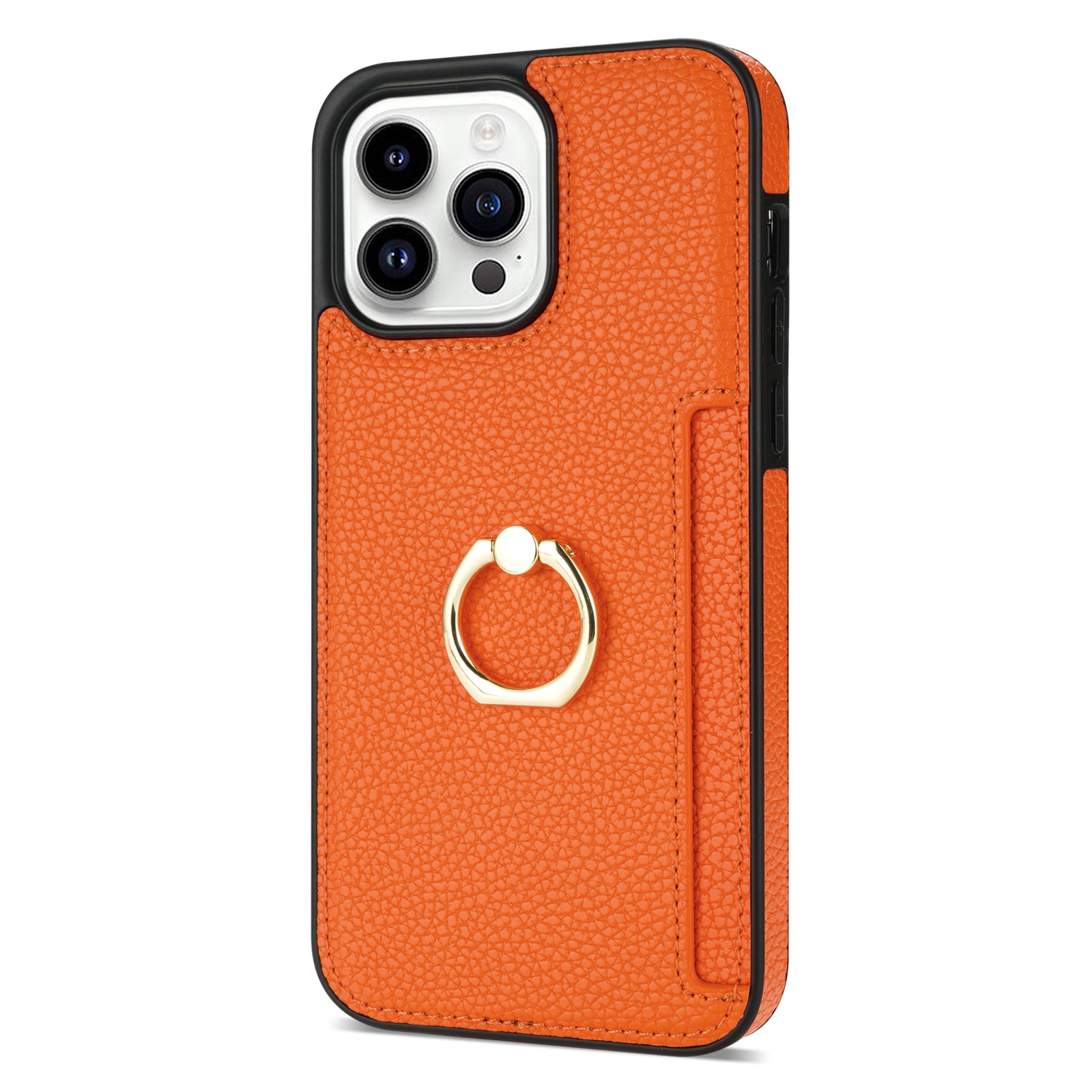 TPU+PU Leather Phone Case Card Holder for iPhone 15 Pro Shockproof Phone Cover with Ring Kickstand - Orange