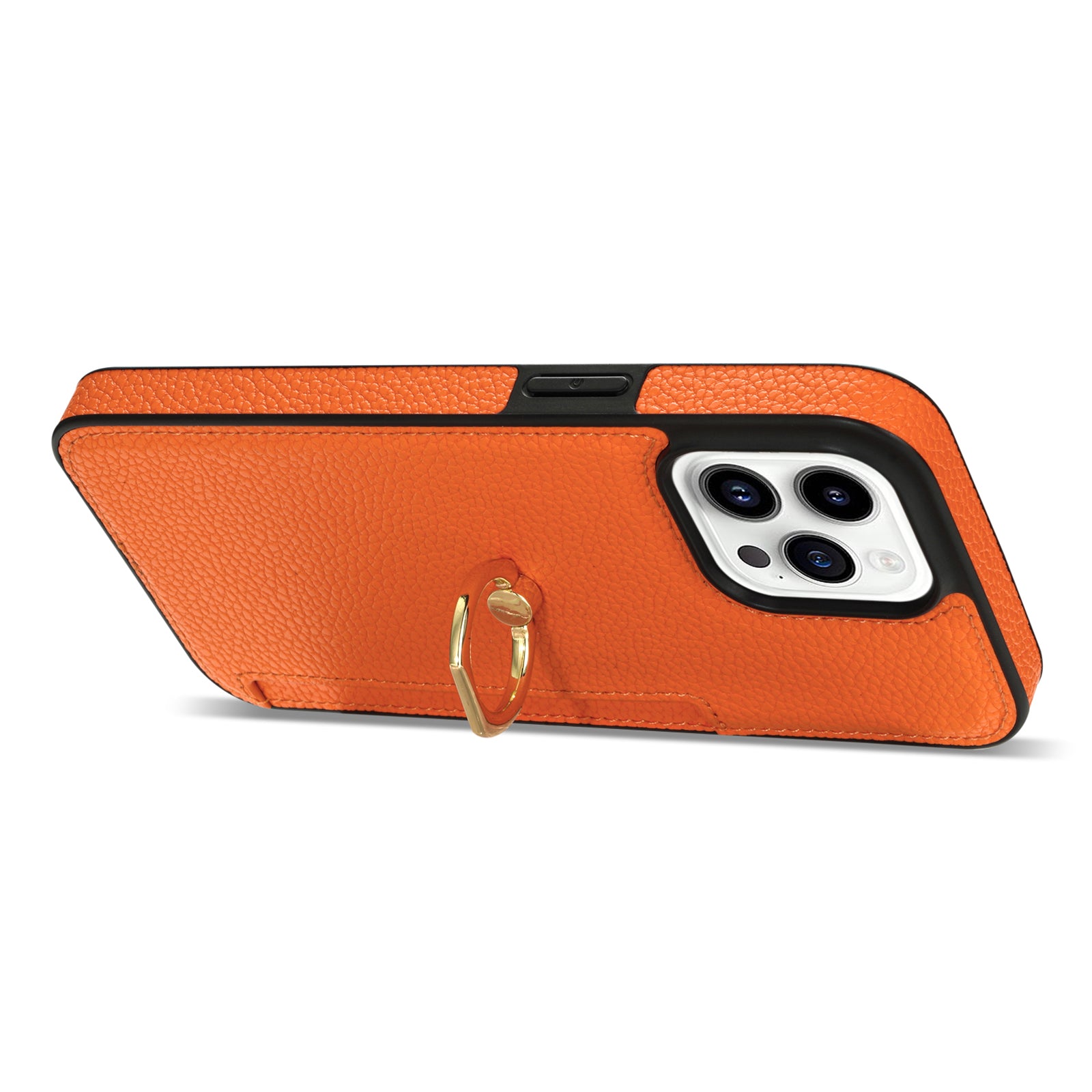 TPU+PU Leather Phone Case Card Holder for iPhone 15 Pro Shockproof Phone Cover with Ring Kickstand - Orange