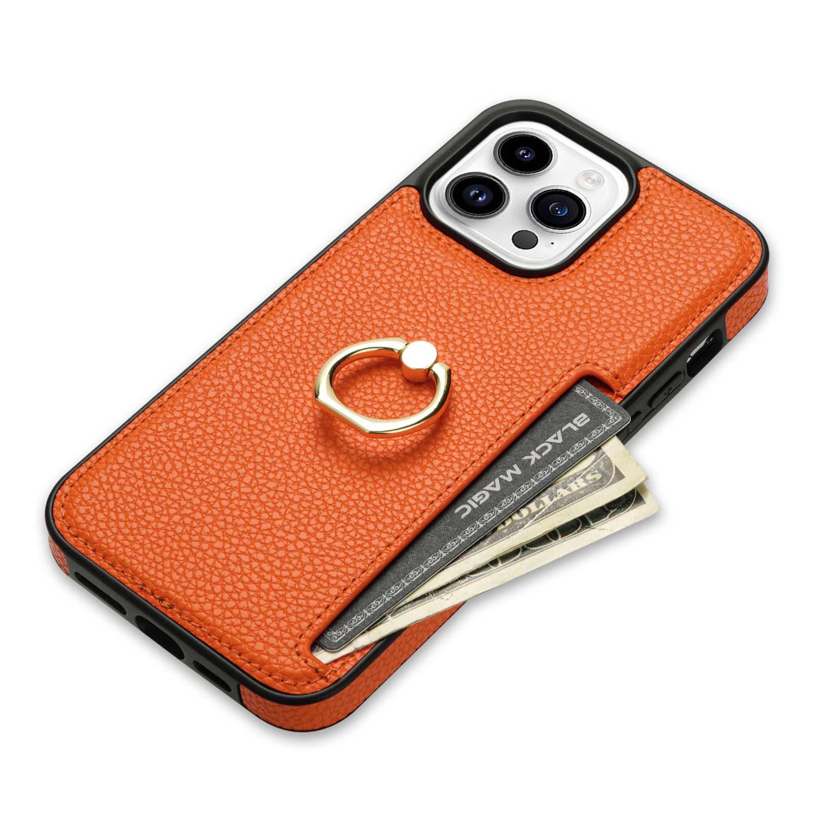 TPU+PU Leather Phone Case Card Holder for iPhone 15 Pro Shockproof Phone Cover with Ring Kickstand - Orange