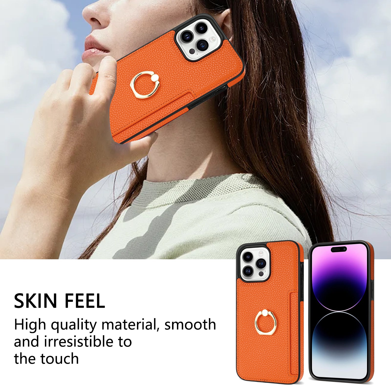 TPU+PU Leather Phone Case Card Holder for iPhone 15 Pro Shockproof Phone Cover with Ring Kickstand - Orange