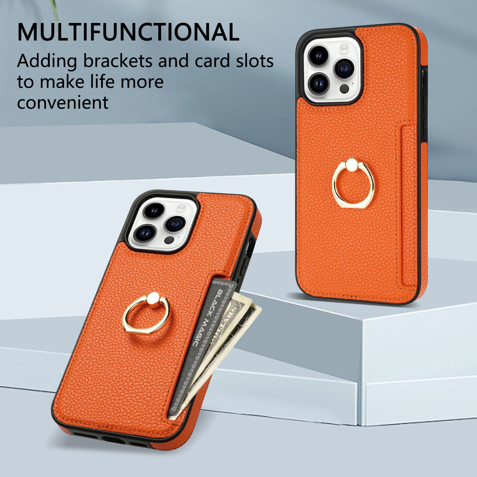 TPU+PU Leather Phone Case Card Holder for iPhone 15 Pro Shockproof Phone Cover with Ring Kickstand - Orange