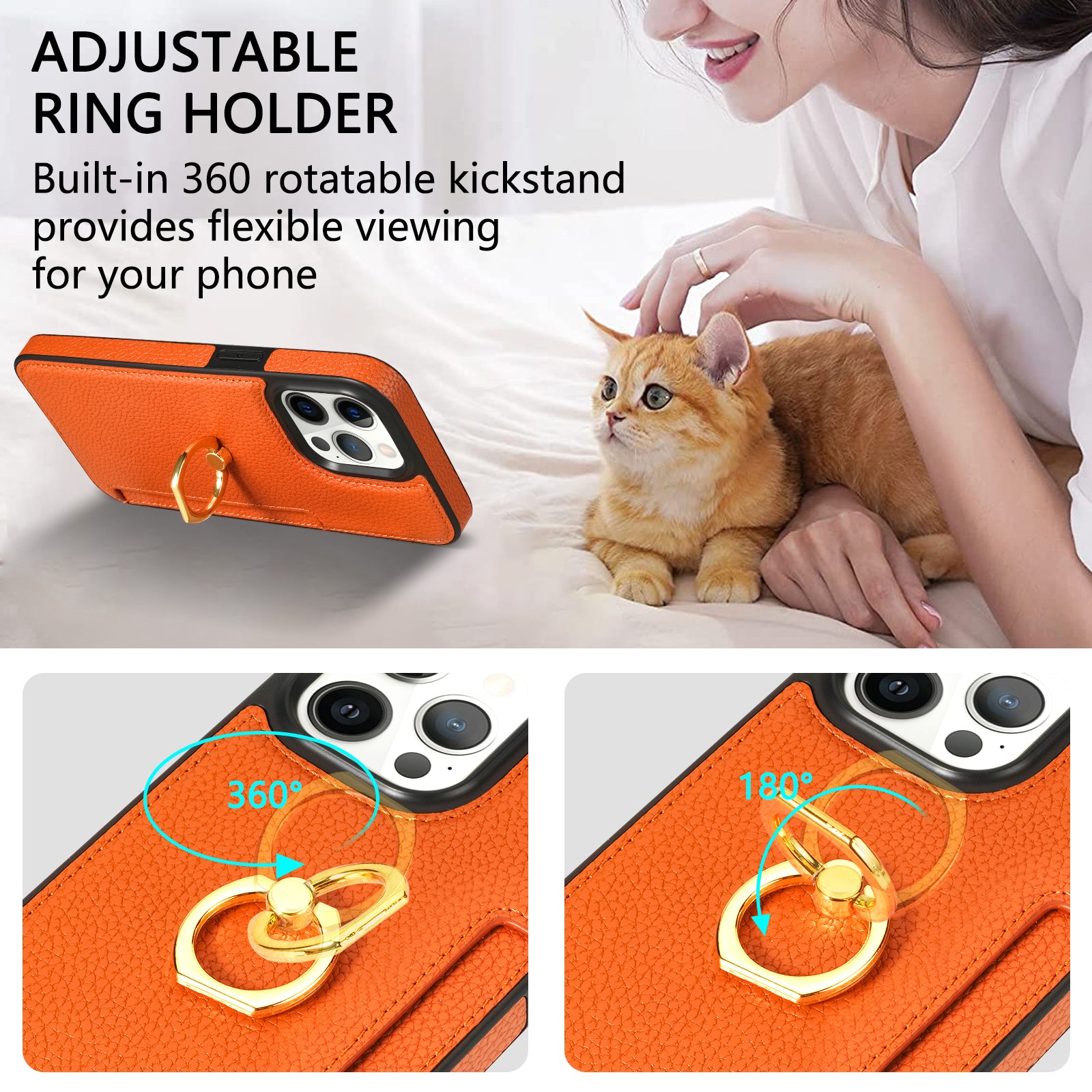 TPU+PU Leather Phone Case Card Holder for iPhone 15 Pro Shockproof Phone Cover with Ring Kickstand - Orange