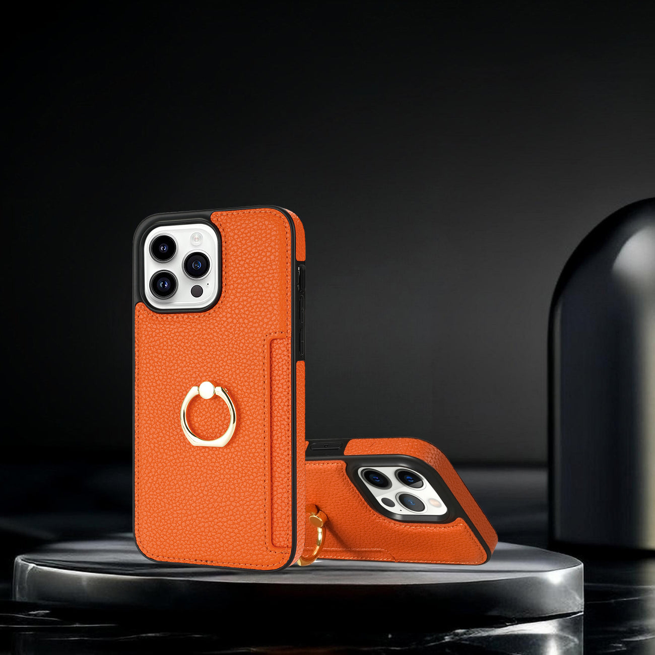 TPU+PU Leather Phone Case Card Holder for iPhone 15 Pro Shockproof Phone Cover with Ring Kickstand - Orange