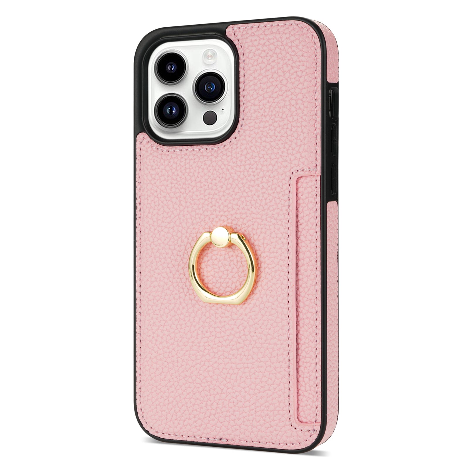 TPU+PU Leather Phone Case Card Holder for iPhone 15 Pro Shockproof Phone Cover with Ring Kickstand - Pink