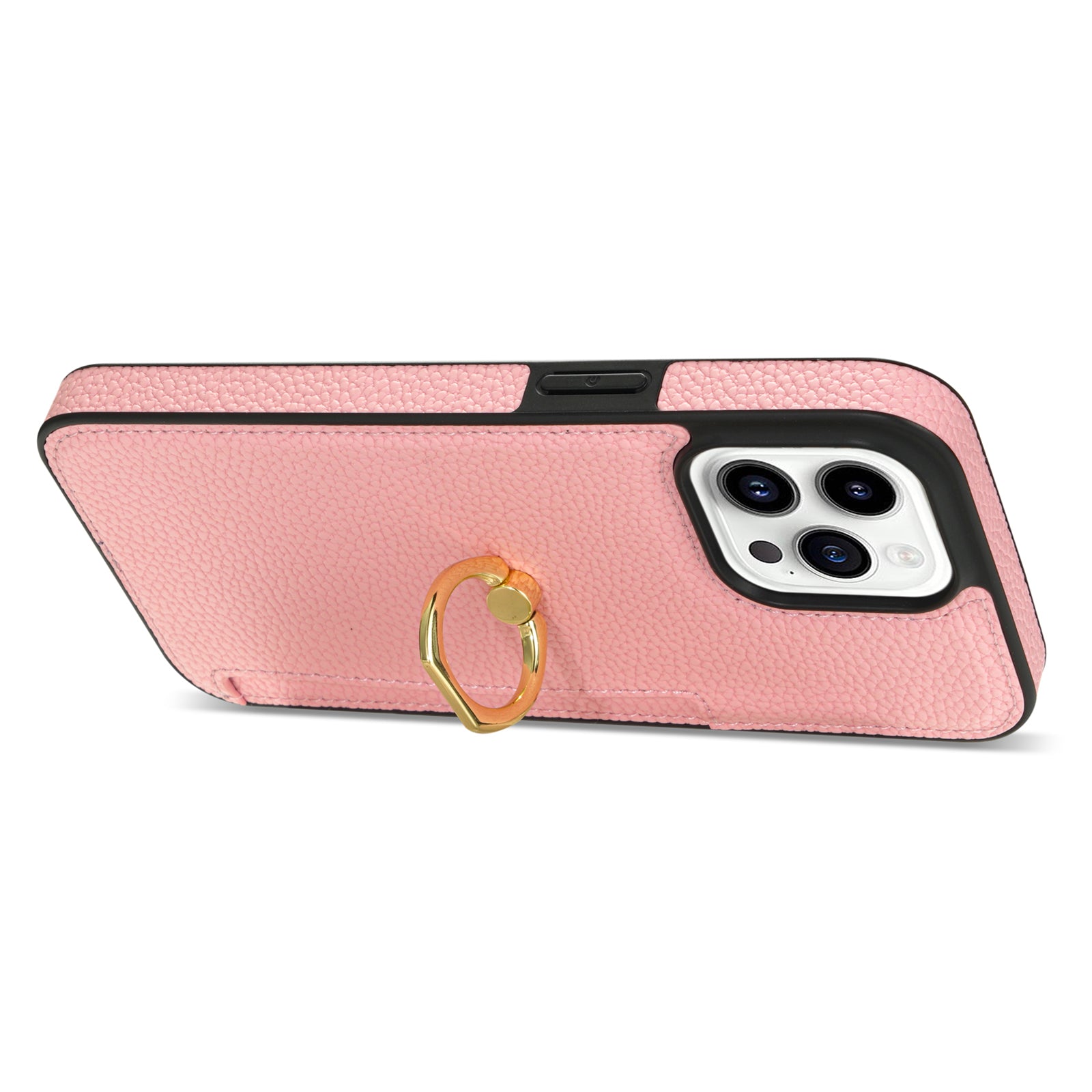 TPU+PU Leather Phone Case Card Holder for iPhone 15 Pro Shockproof Phone Cover with Ring Kickstand - Pink