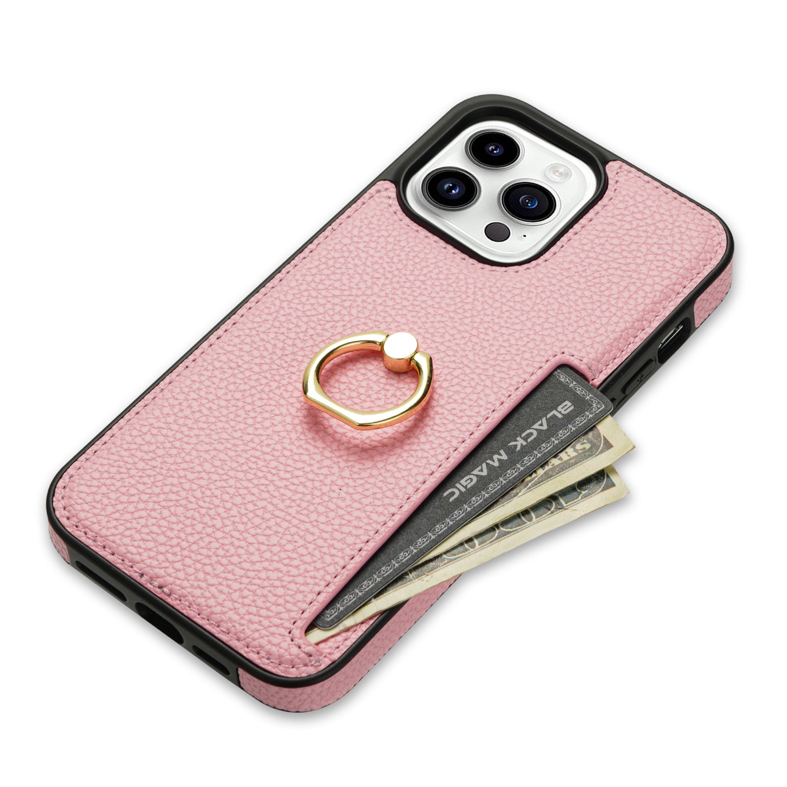 TPU+PU Leather Phone Case Card Holder for iPhone 15 Pro Shockproof Phone Cover with Ring Kickstand - Pink