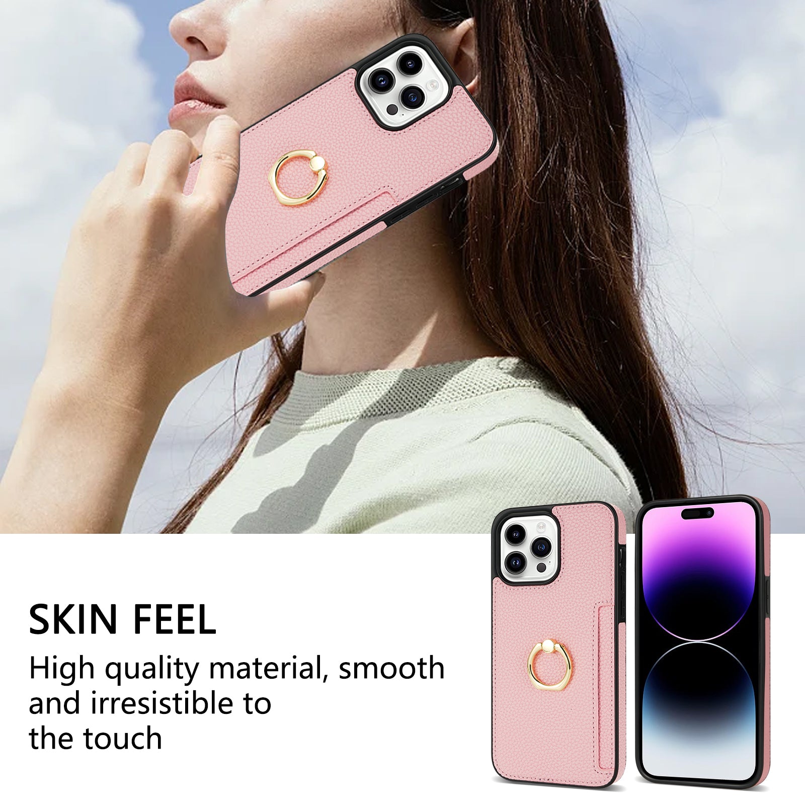 TPU+PU Leather Phone Case Card Holder for iPhone 15 Pro Shockproof Phone Cover with Ring Kickstand - Pink