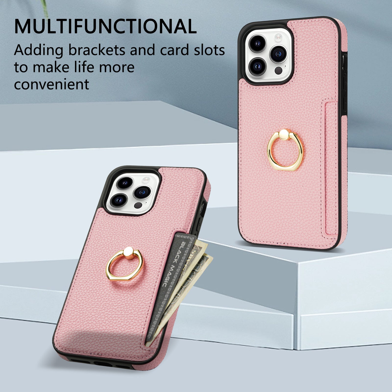 TPU+PU Leather Phone Case Card Holder for iPhone 15 Pro Shockproof Phone Cover with Ring Kickstand - Pink