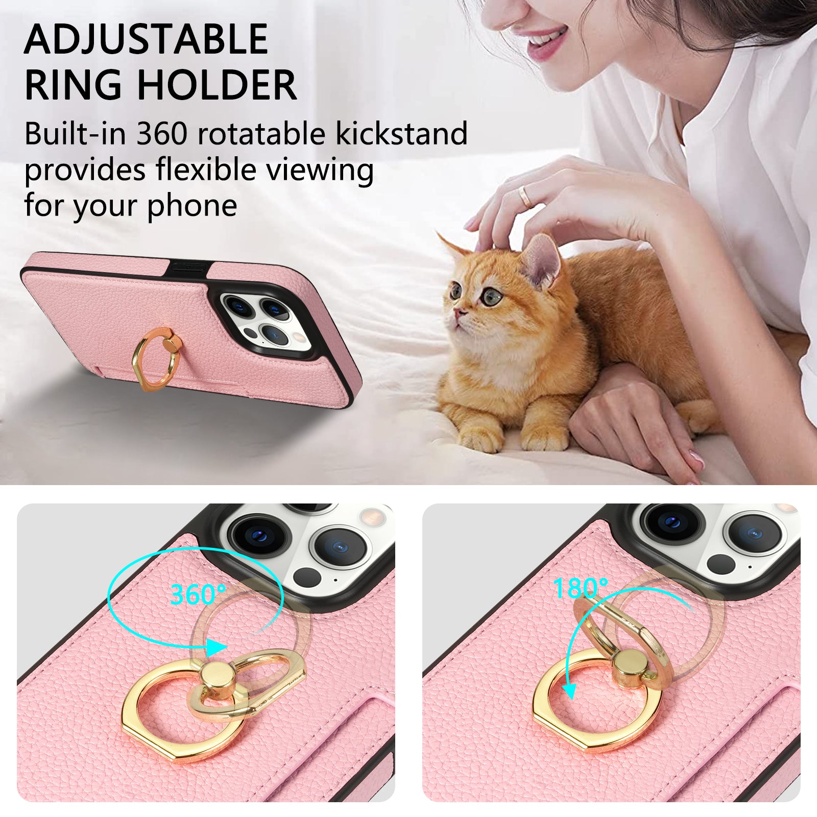 TPU+PU Leather Phone Case Card Holder for iPhone 15 Pro Shockproof Phone Cover with Ring Kickstand - Pink