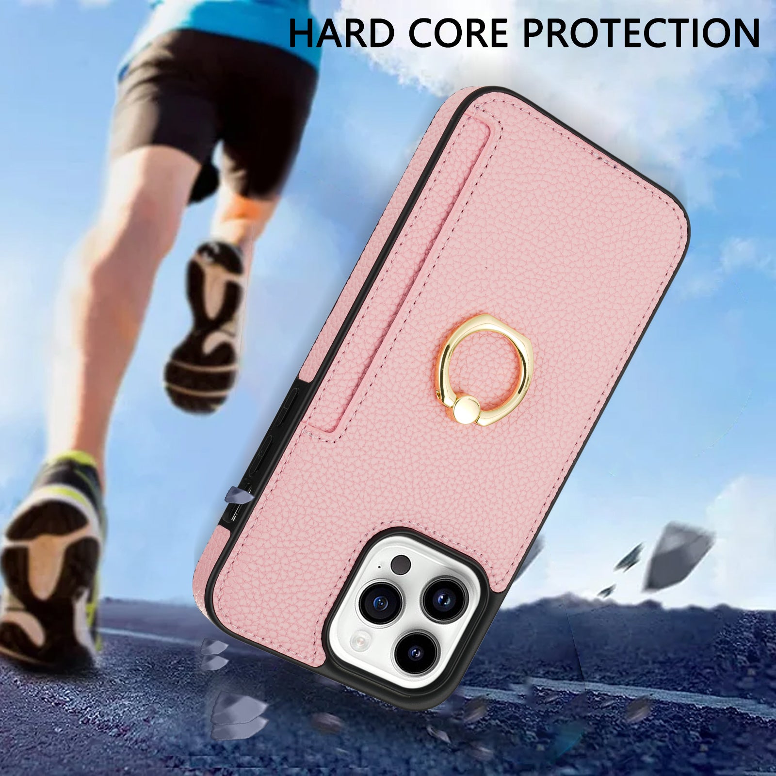 TPU+PU Leather Phone Case Card Holder for iPhone 15 Pro Shockproof Phone Cover with Ring Kickstand - Pink