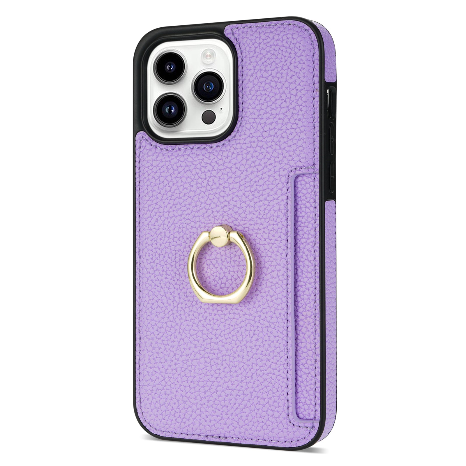 TPU+PU Leather Phone Case Card Holder for iPhone 15 Pro Shockproof Phone Cover with Ring Kickstand - Purple