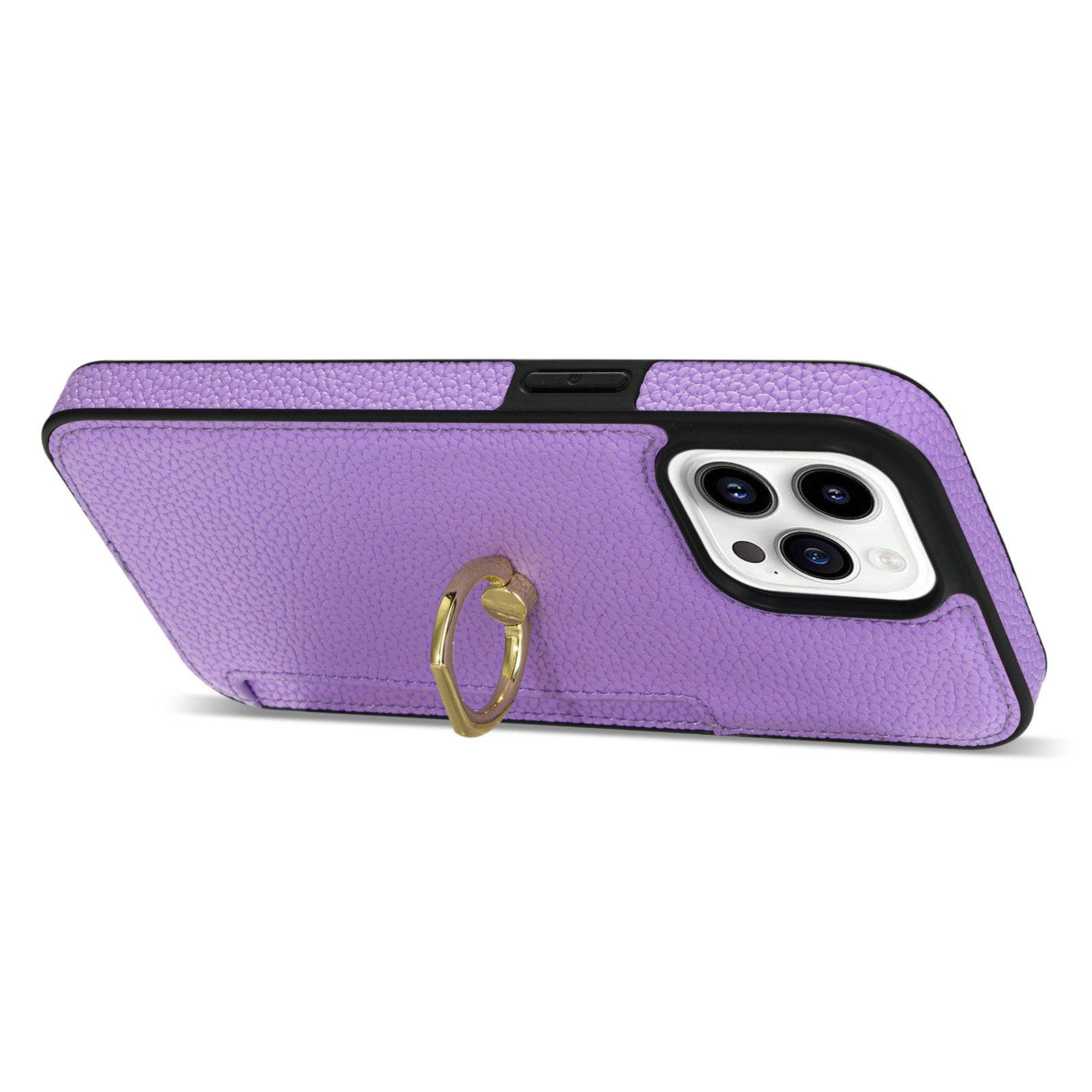 TPU+PU Leather Phone Case Card Holder for iPhone 15 Pro Shockproof Phone Cover with Ring Kickstand - Purple