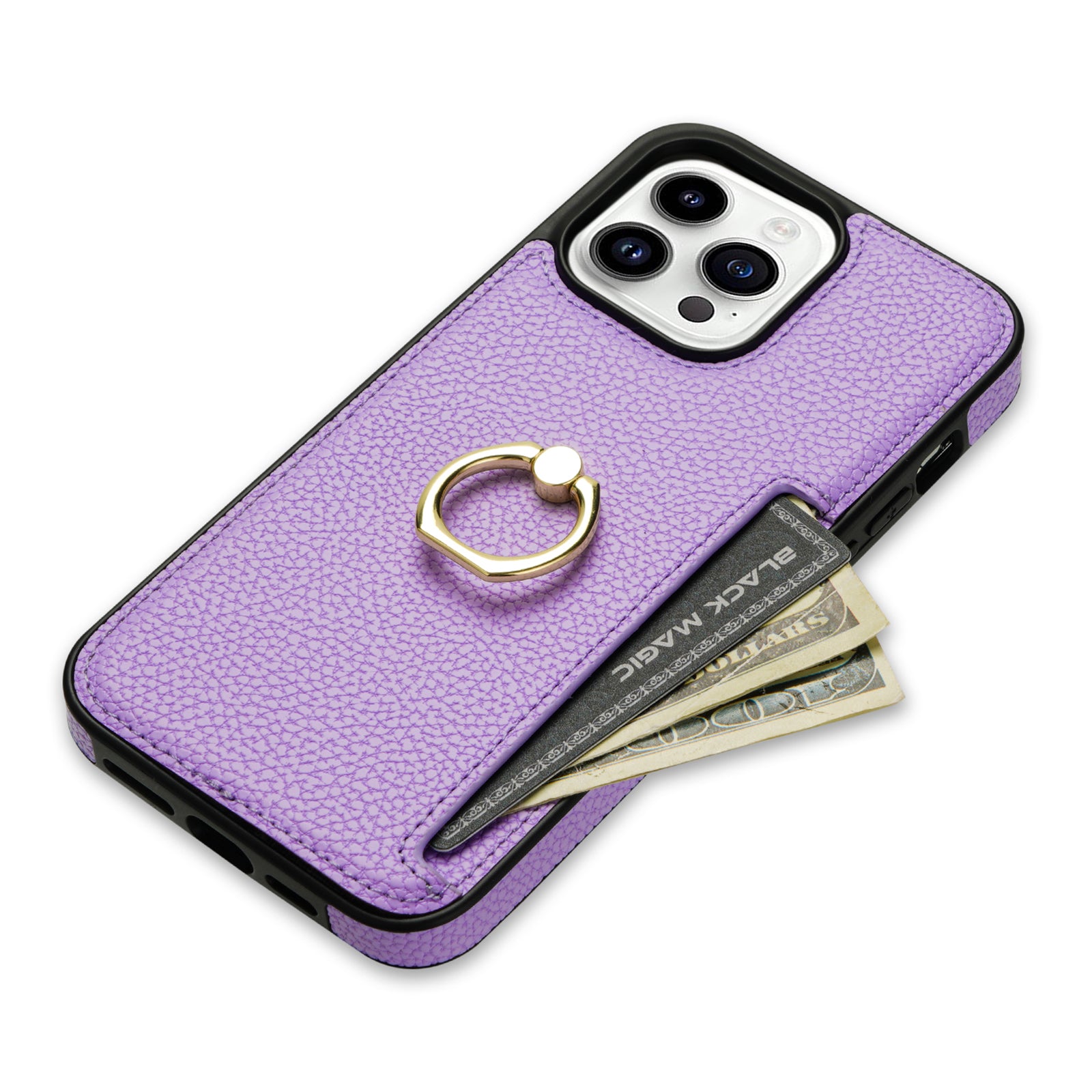 TPU+PU Leather Phone Case Card Holder for iPhone 15 Pro Shockproof Phone Cover with Ring Kickstand - Purple