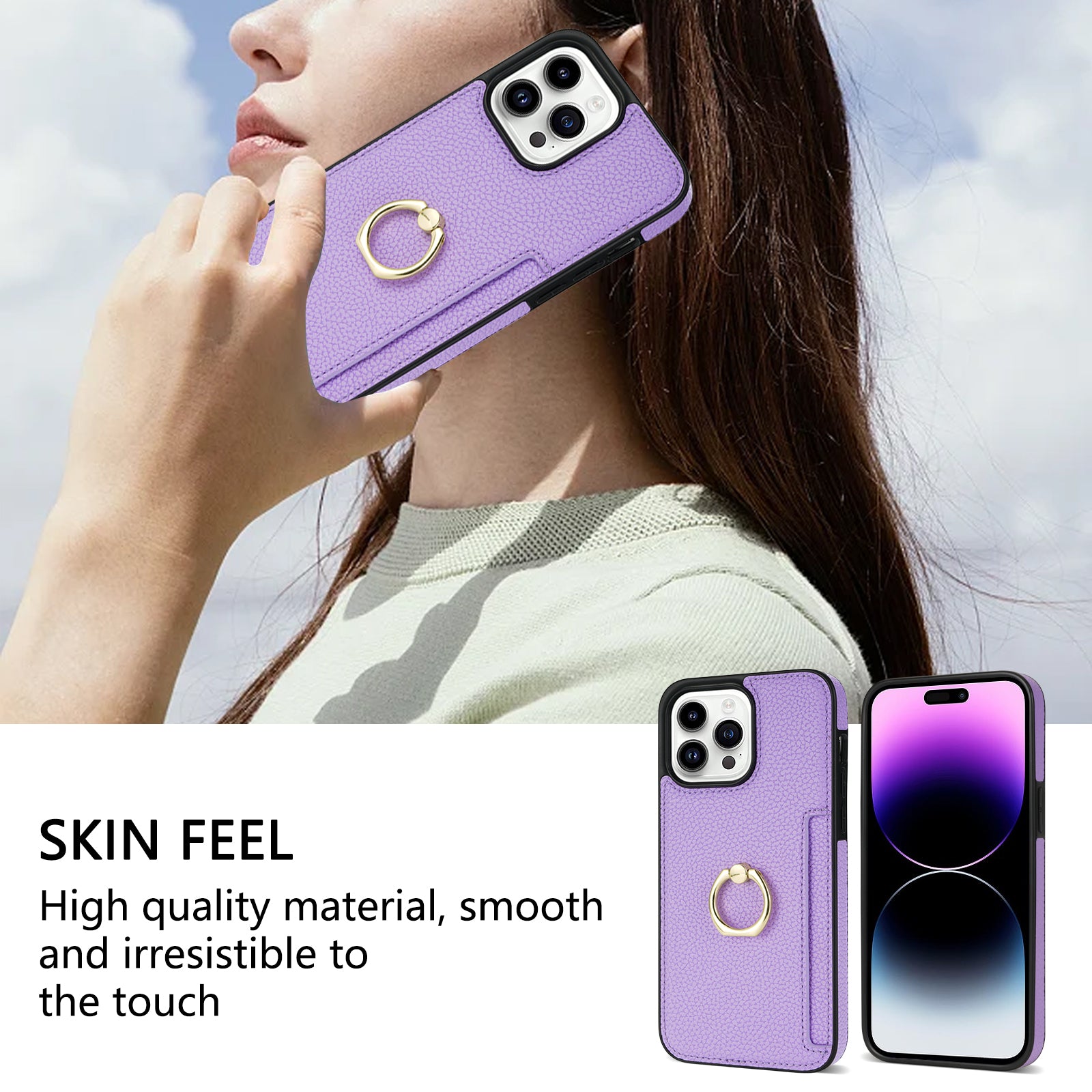 TPU+PU Leather Phone Case Card Holder for iPhone 15 Pro Shockproof Phone Cover with Ring Kickstand - Purple