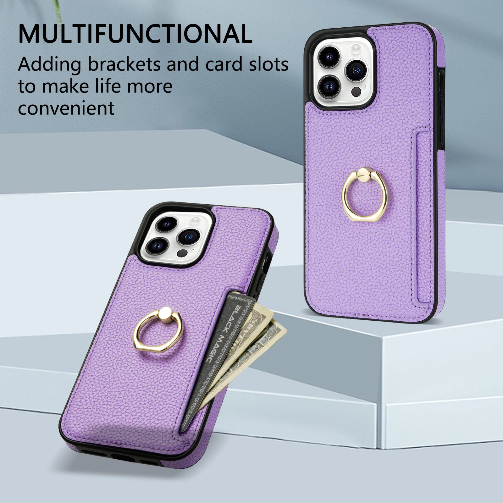 TPU+PU Leather Phone Case Card Holder for iPhone 15 Pro Shockproof Phone Cover with Ring Kickstand - Purple