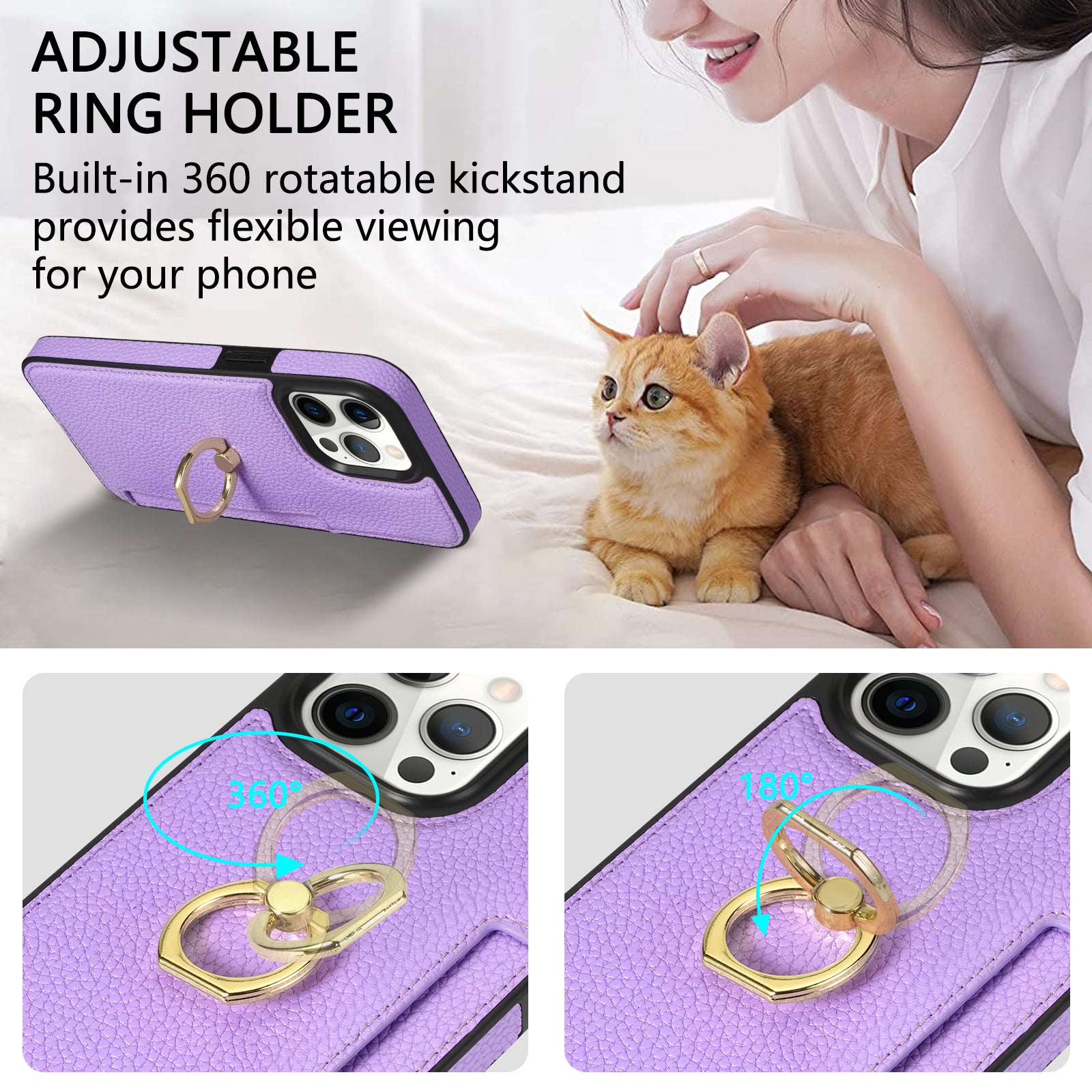 TPU+PU Leather Phone Case Card Holder for iPhone 15 Pro Shockproof Phone Cover with Ring Kickstand - Purple