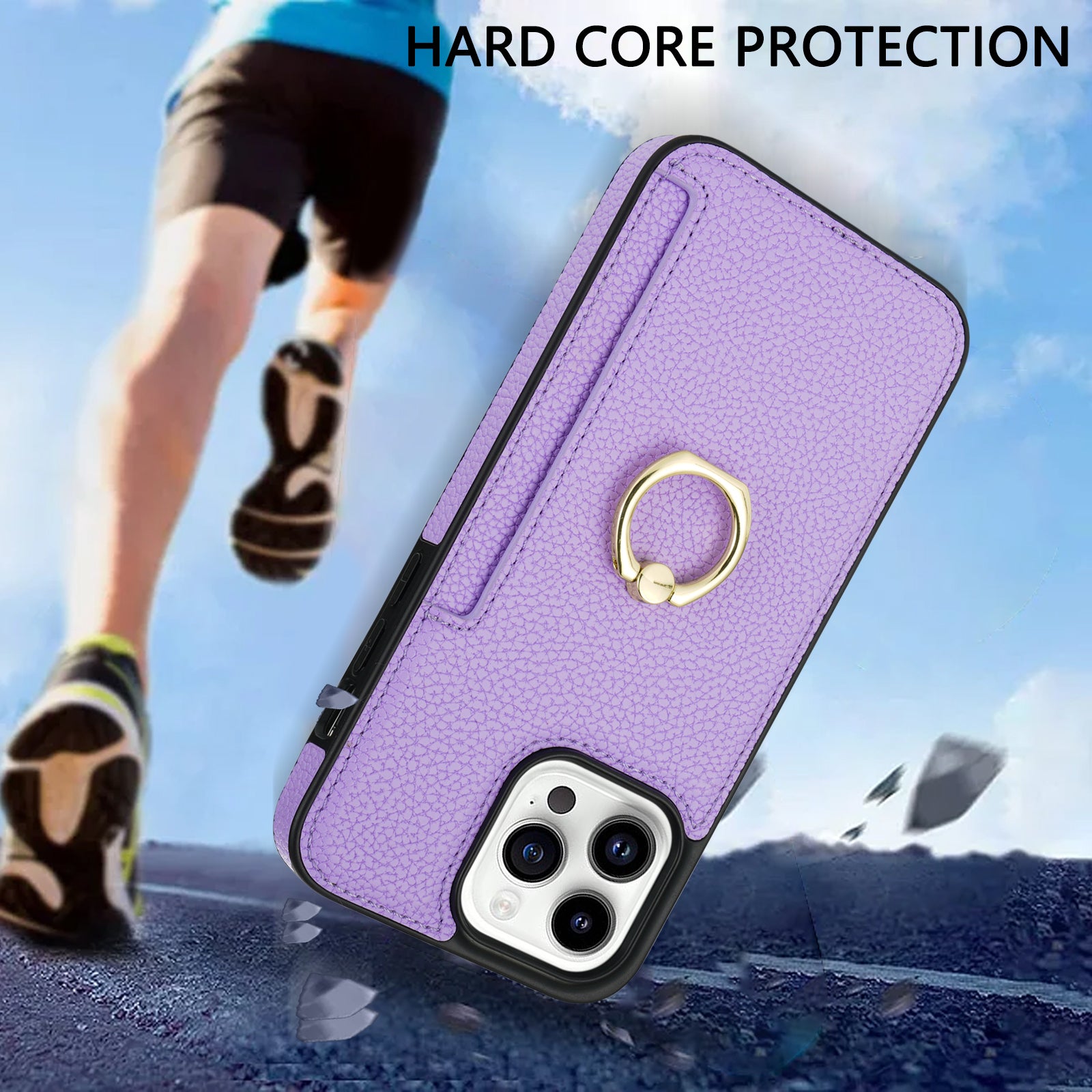 TPU+PU Leather Phone Case Card Holder for iPhone 15 Pro Shockproof Phone Cover with Ring Kickstand - Purple