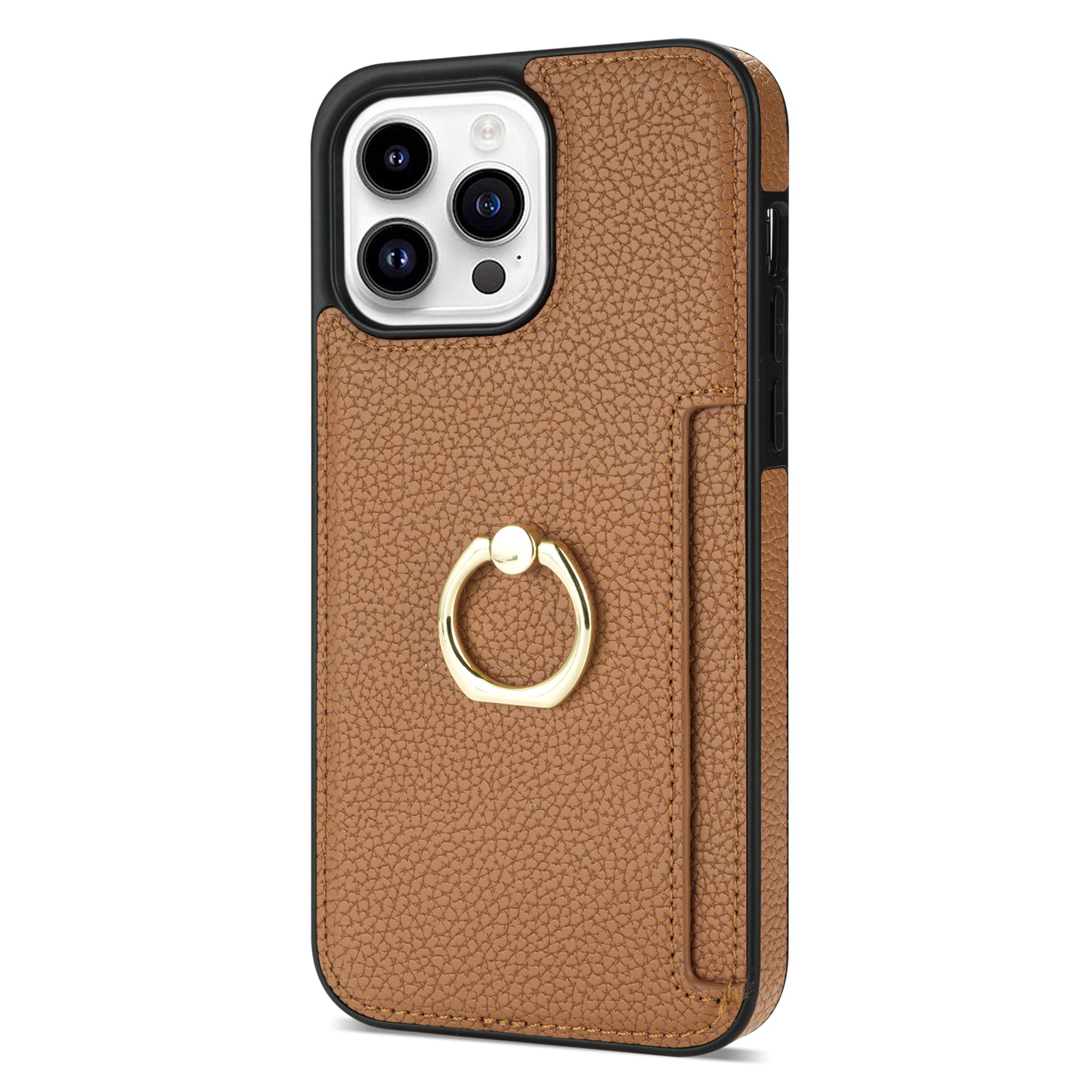 TPU+PU Leather Phone Case Card Holder for iPhone 15 Pro Shockproof Phone Cover with Ring Kickstand - Brown