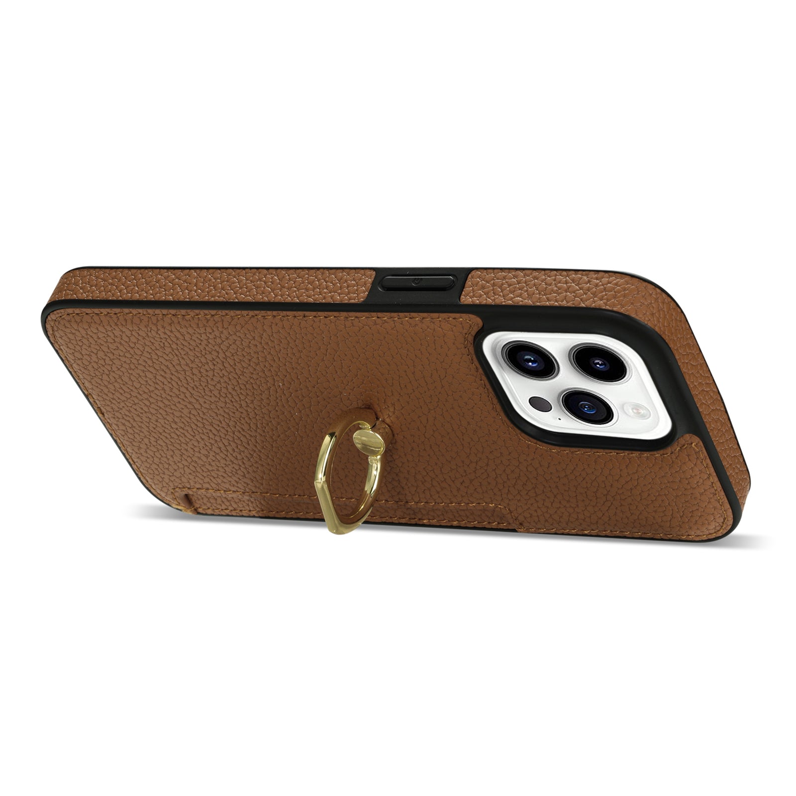 TPU+PU Leather Phone Case Card Holder for iPhone 15 Pro Shockproof Phone Cover with Ring Kickstand - Brown