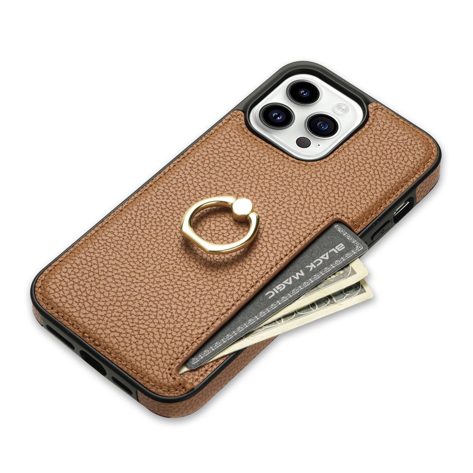 TPU+PU Leather Phone Case Card Holder for iPhone 15 Pro Shockproof Phone Cover with Ring Kickstand - Brown