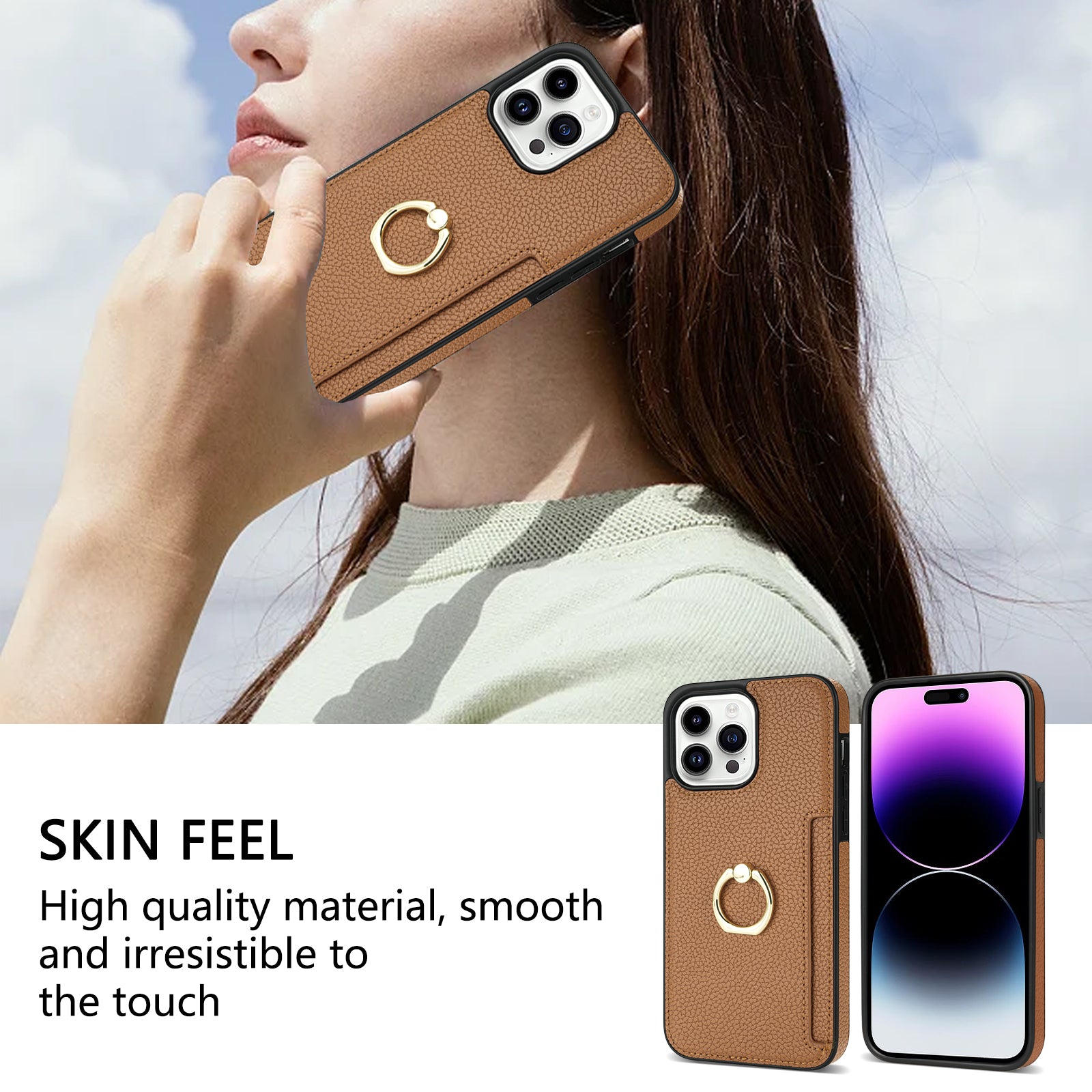 TPU+PU Leather Phone Case Card Holder for iPhone 15 Pro Shockproof Phone Cover with Ring Kickstand - Brown