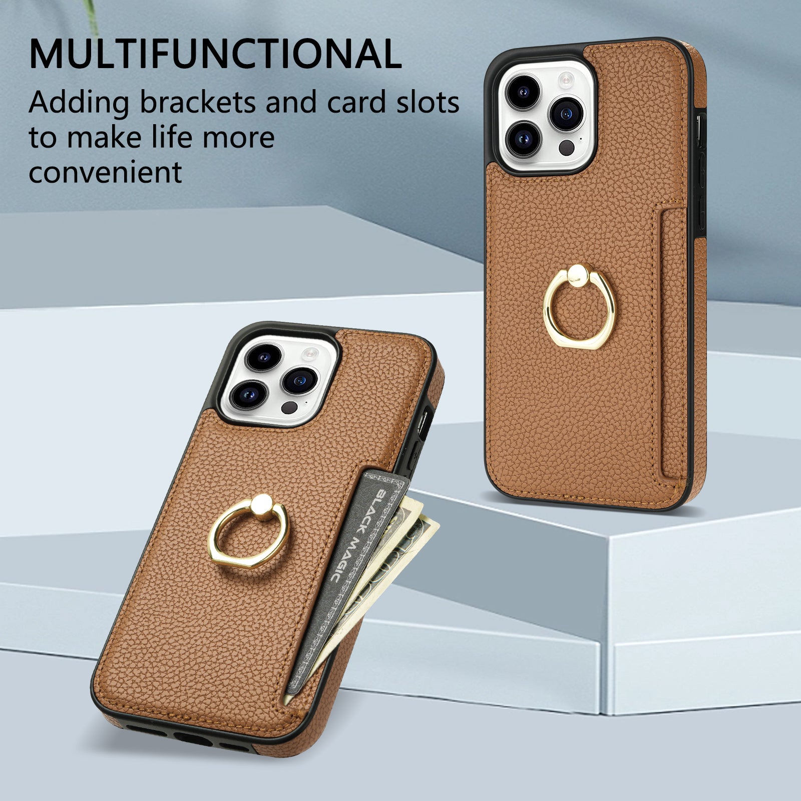 TPU+PU Leather Phone Case Card Holder for iPhone 15 Pro Shockproof Phone Cover with Ring Kickstand - Brown